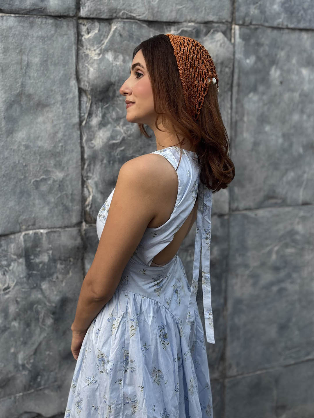 Brown Bohemian Crochet Headscarf with Shell Charms