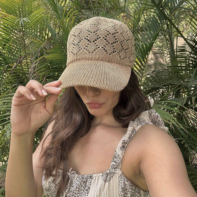 Beige Knitted Crochet Baseball Cap