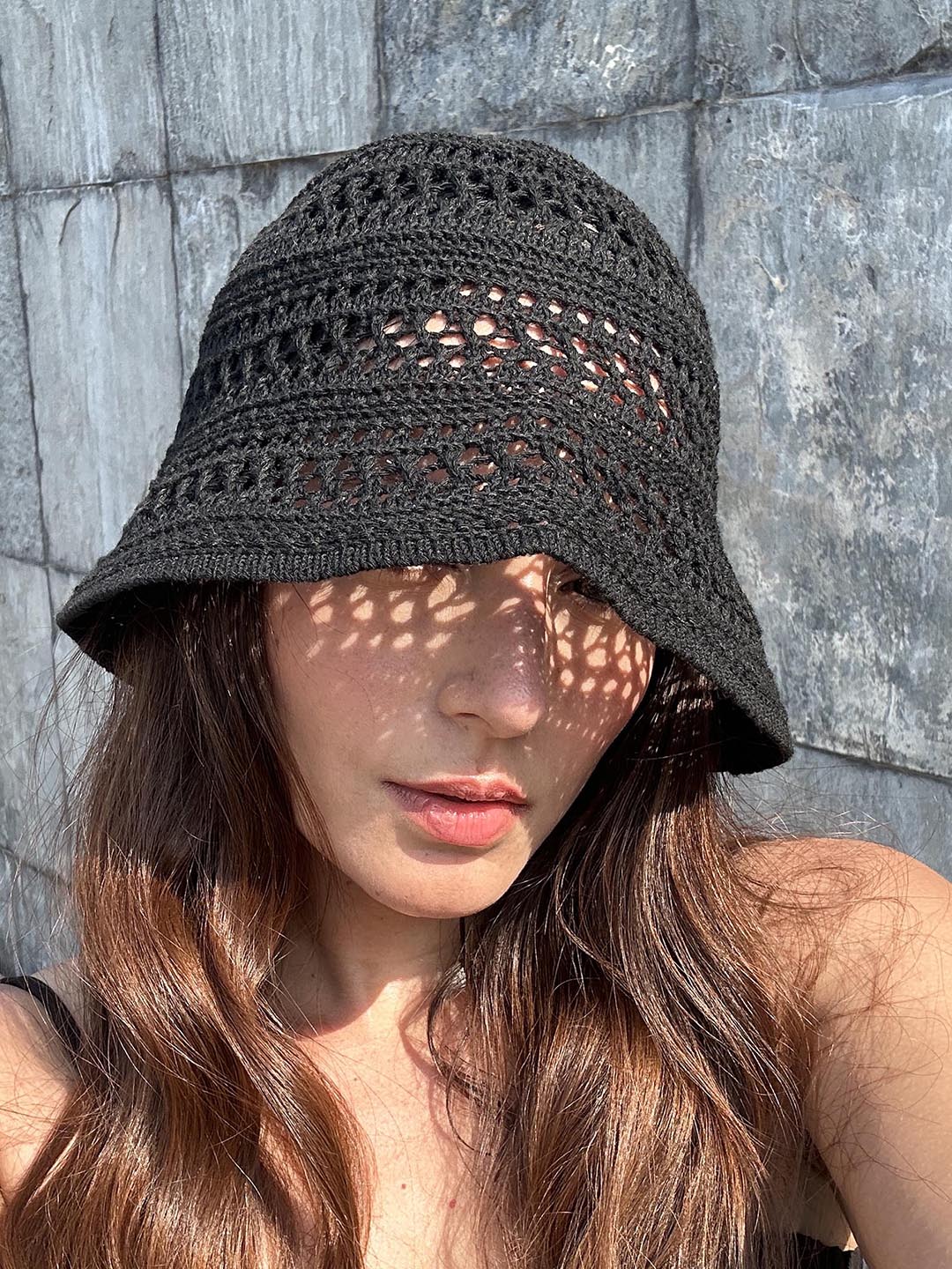 Black Knitted Crochet Sun Bucket Hat