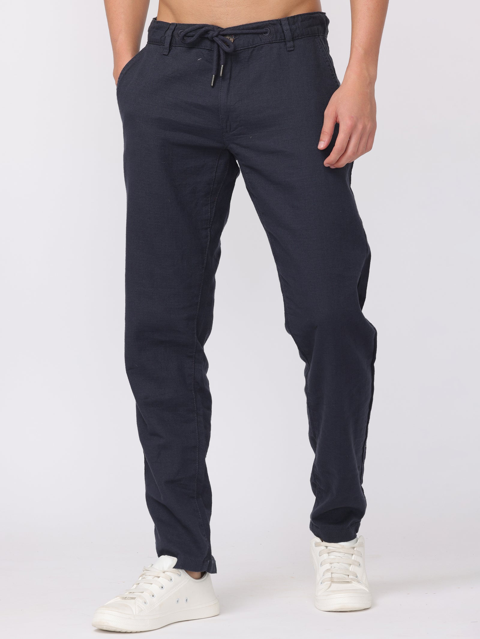 Men Navy Regular Fit Cotton Linen Regular Fit Pants