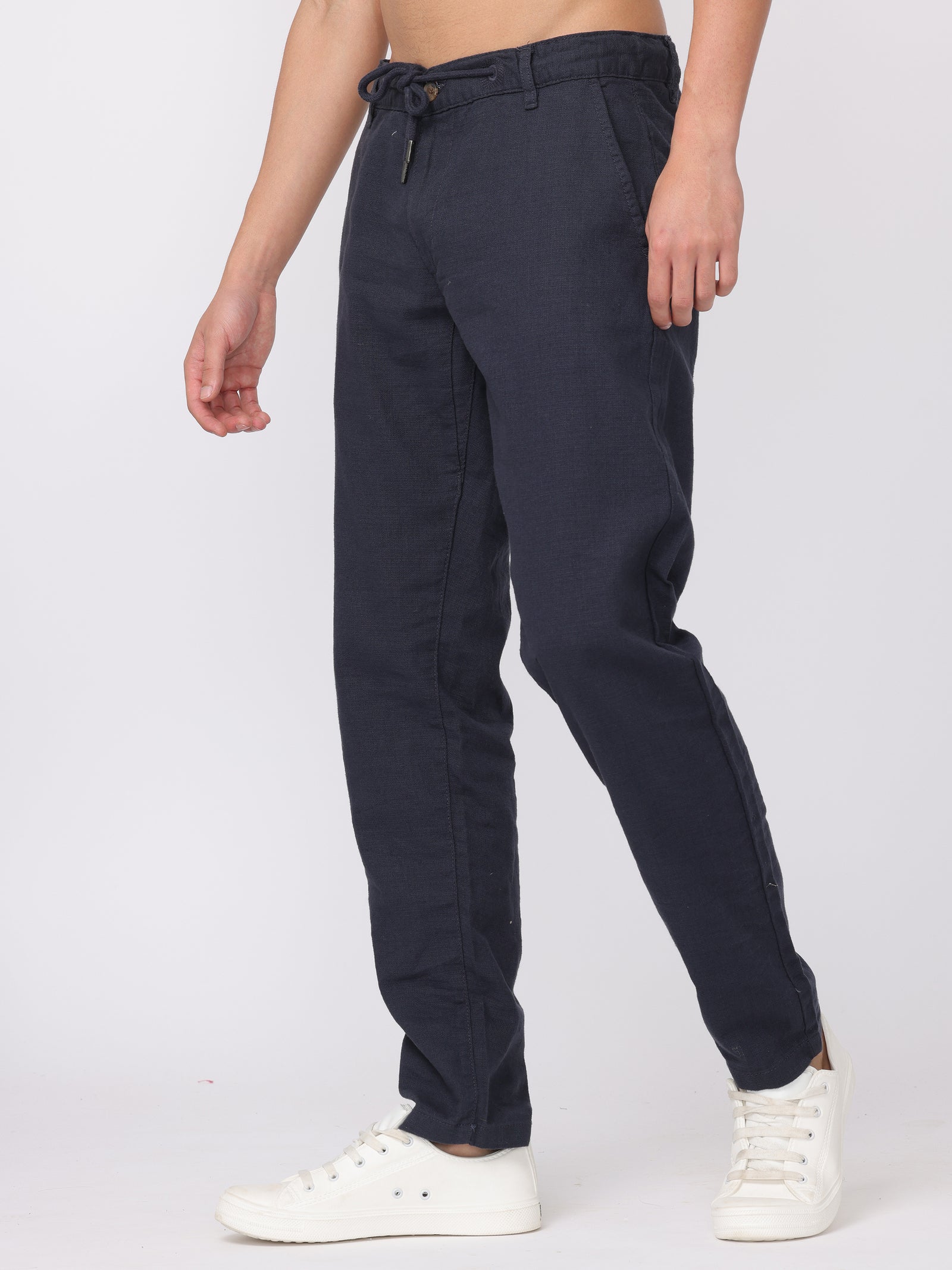 Men Navy Regular Fit Cotton Linen Regular Fit Pants