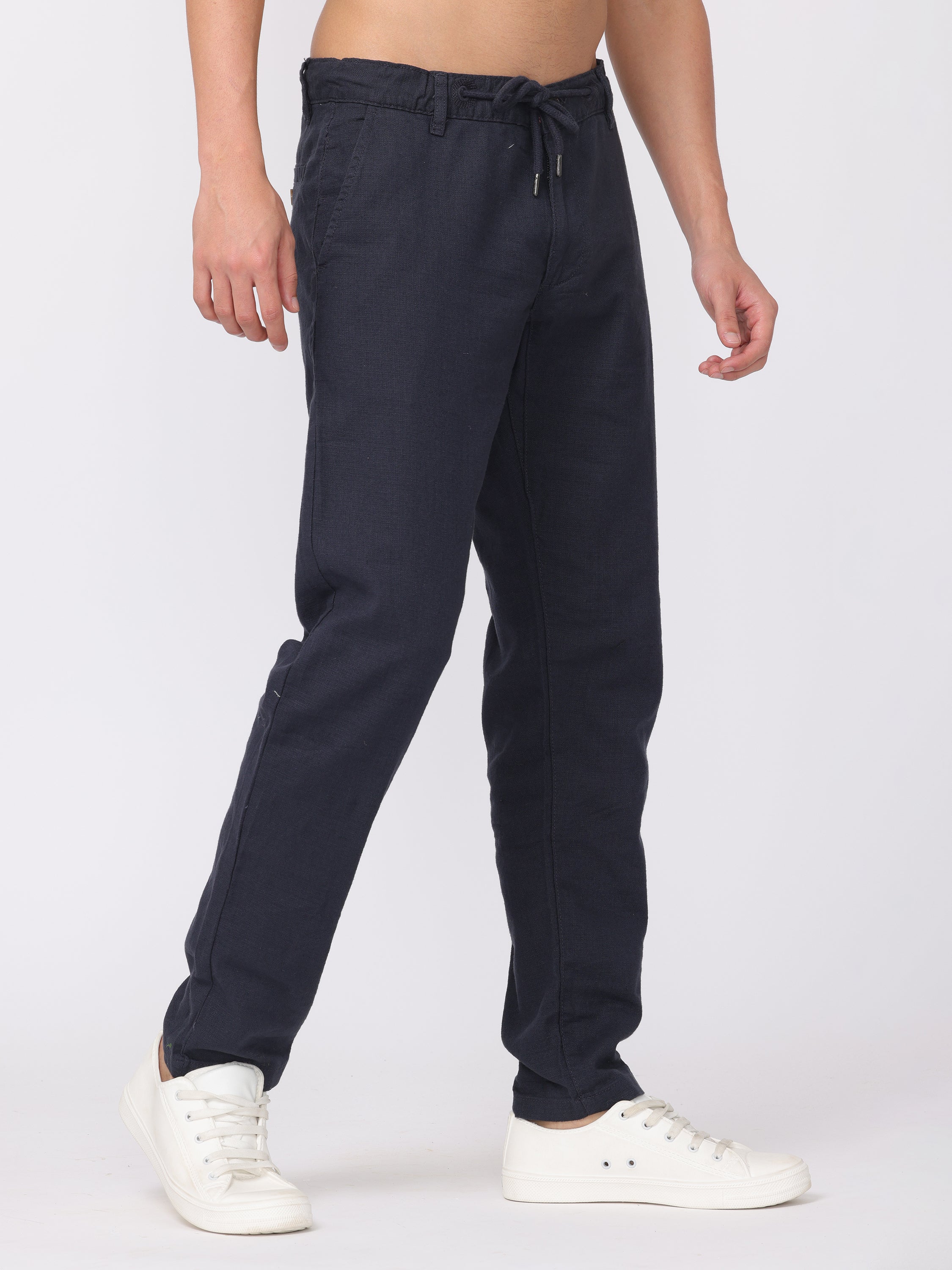 Men Navy Regular Fit Cotton Linen Regular Fit Pants