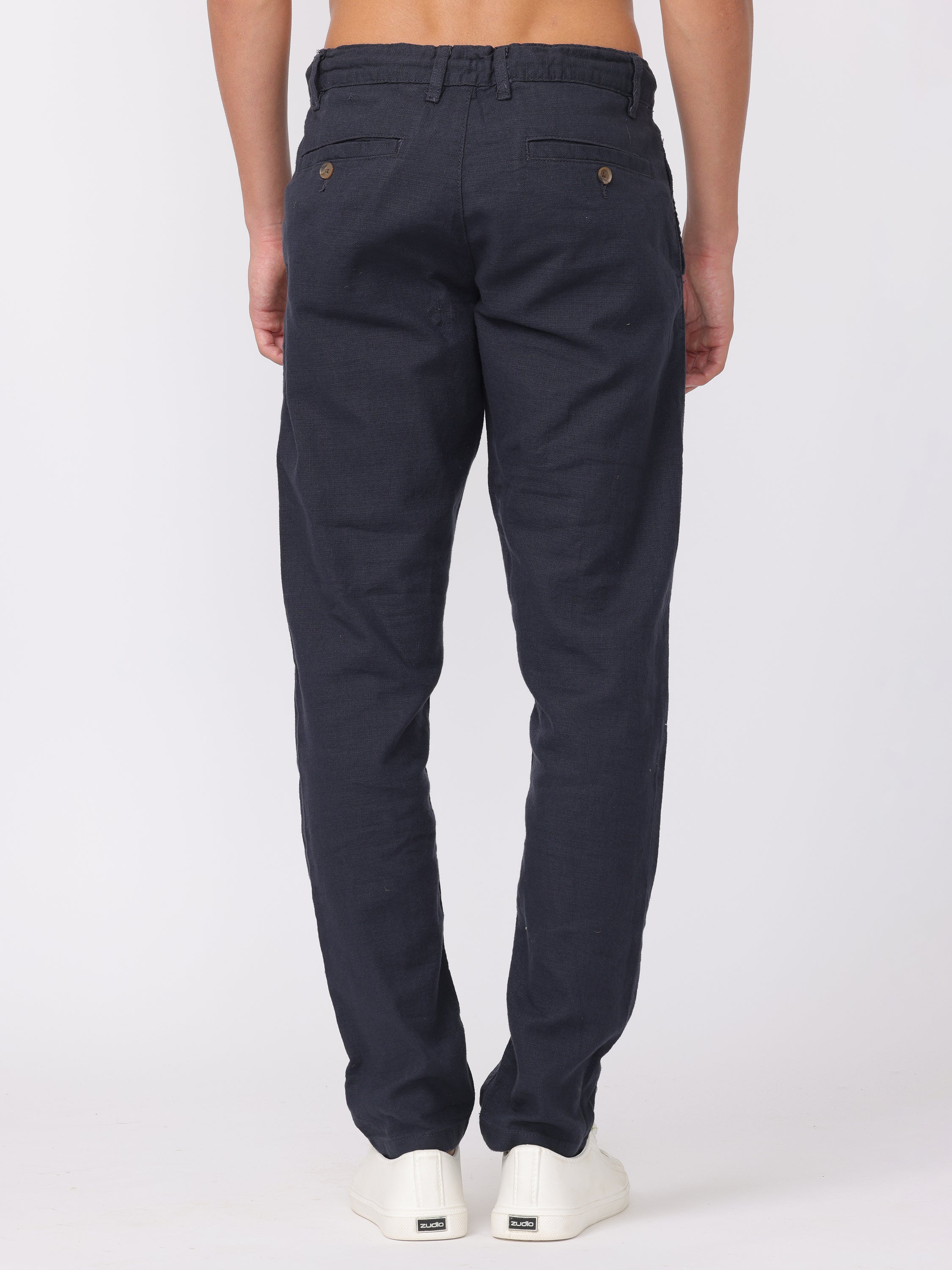 Men Navy Regular Fit Cotton Linen Regular Fit Pants