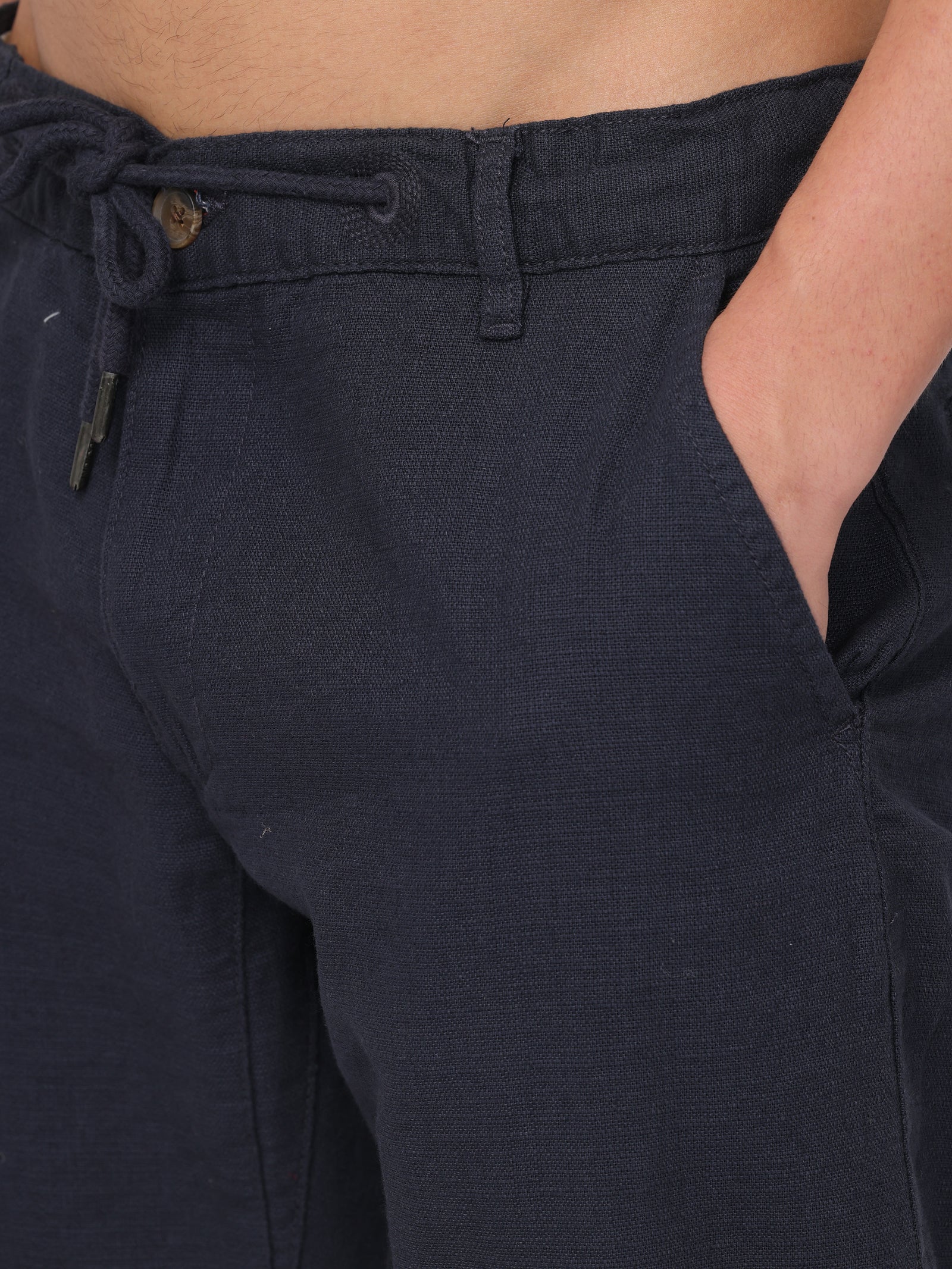 Men Navy Regular Fit Cotton Linen Regular Fit Pants