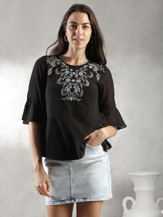 Women Black Embroidered Top