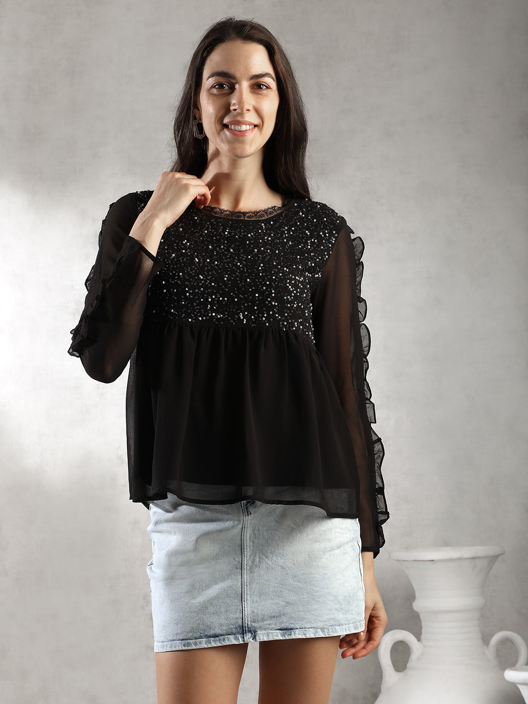 Women Black Empire Line Top