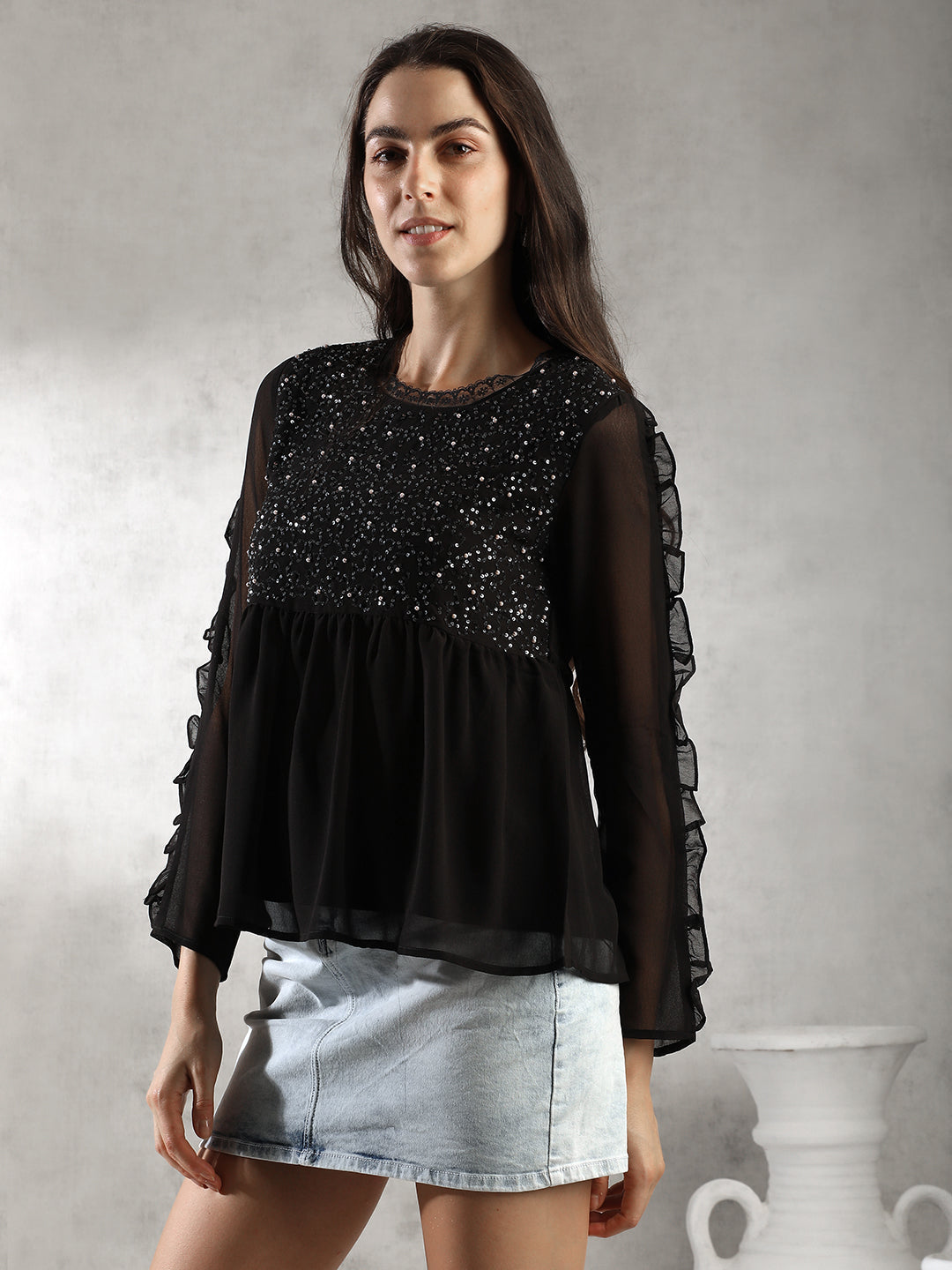 Women Black Empire Line Top