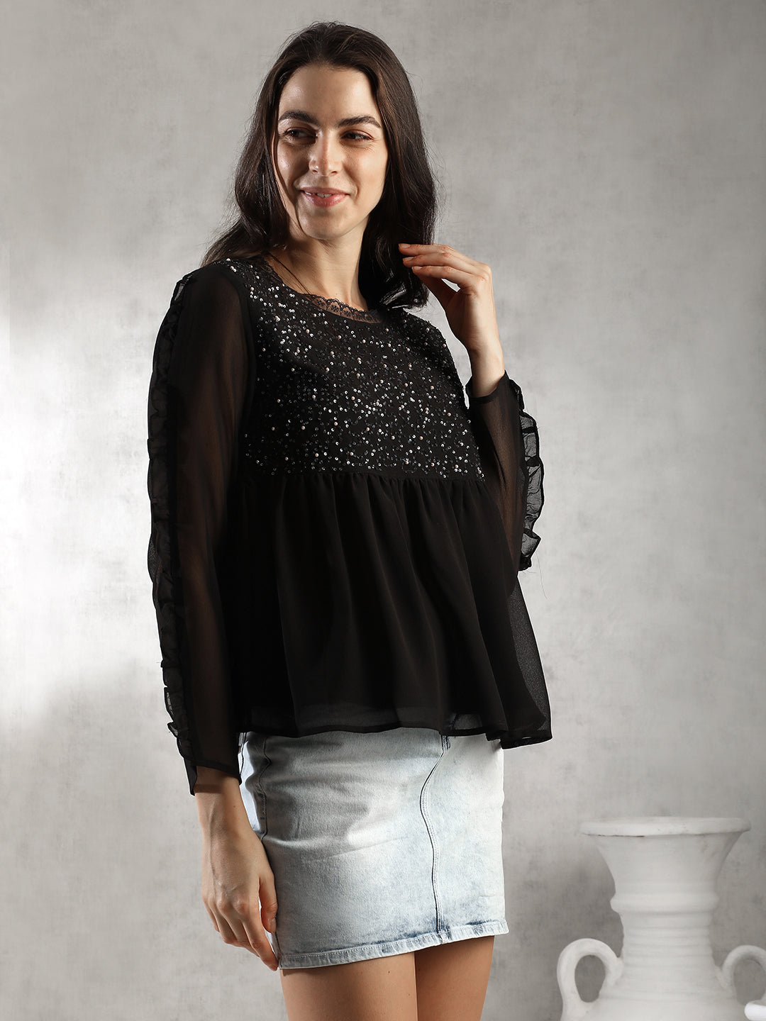 Women Black Empire Line Top