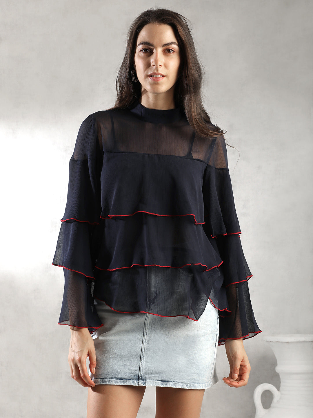 Women Navy Sheer Layers Top