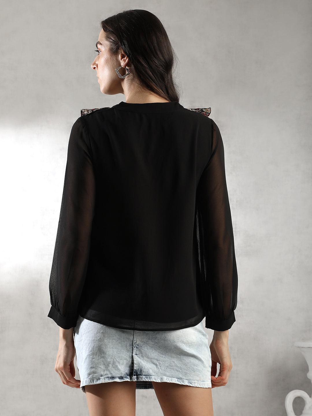 Women Black Front Ruffles Top