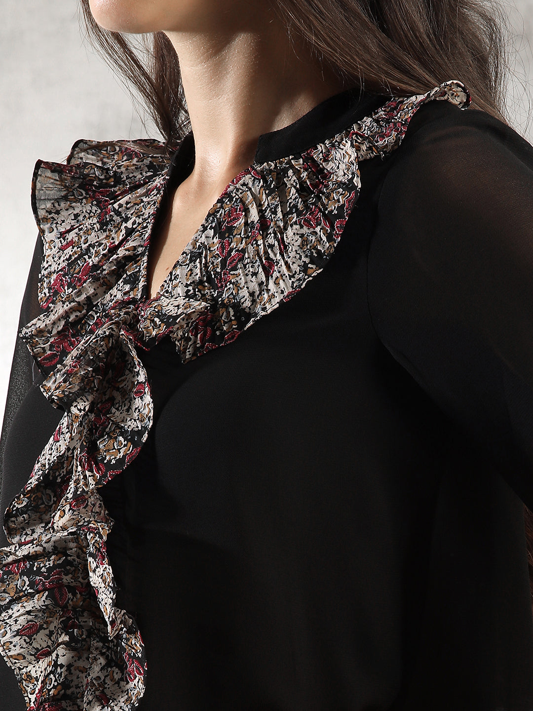 Women Black Front Ruffles Top