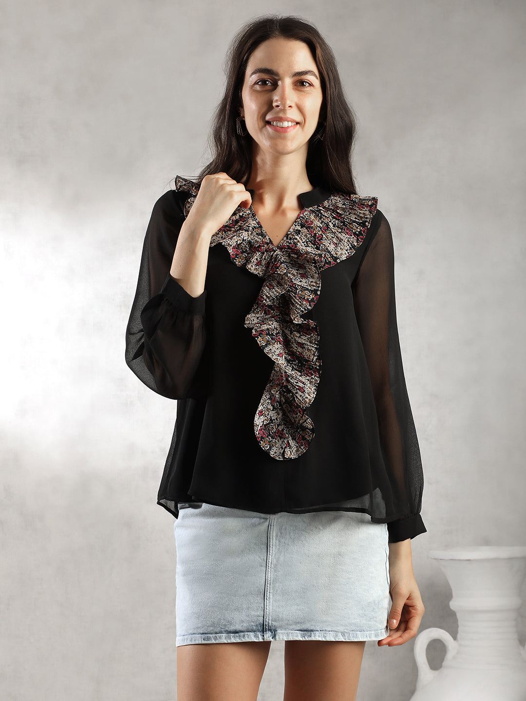 Women Black Front Ruffles Top