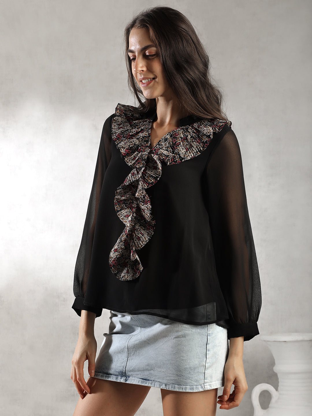 Women Black Front Ruffles Top