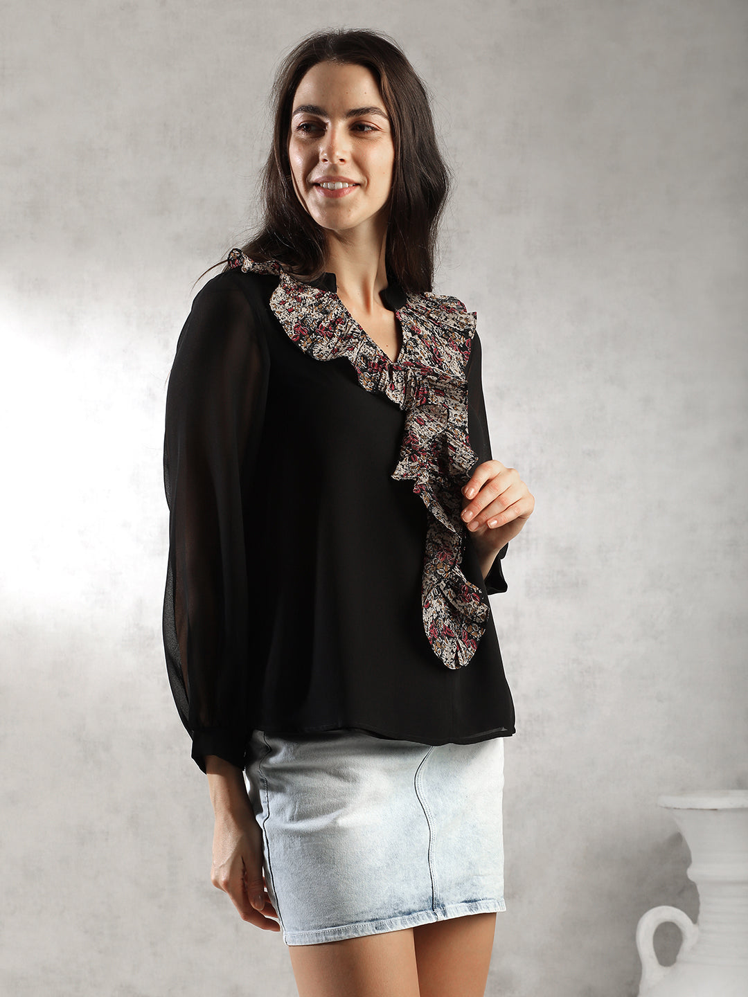 Women Black Front Ruffles Top