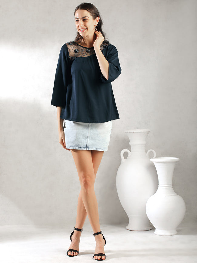 Women Navy A-Line Sheer Neck Top