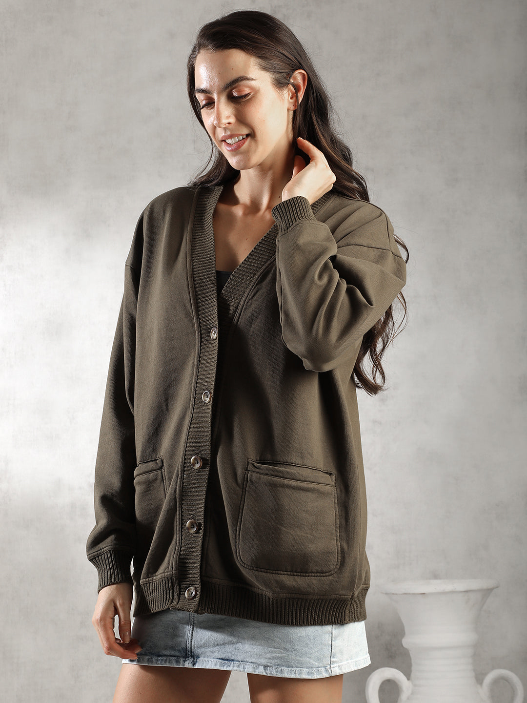 Women Olive Oversize Cardigan