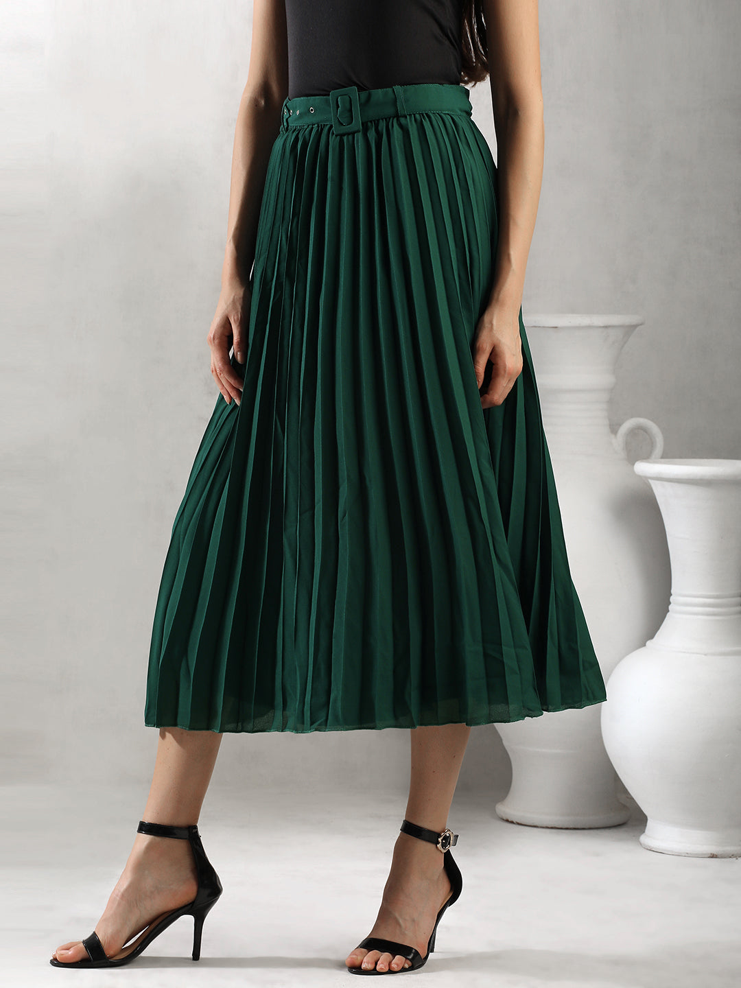 Women Green Pleated A-Line Skirt