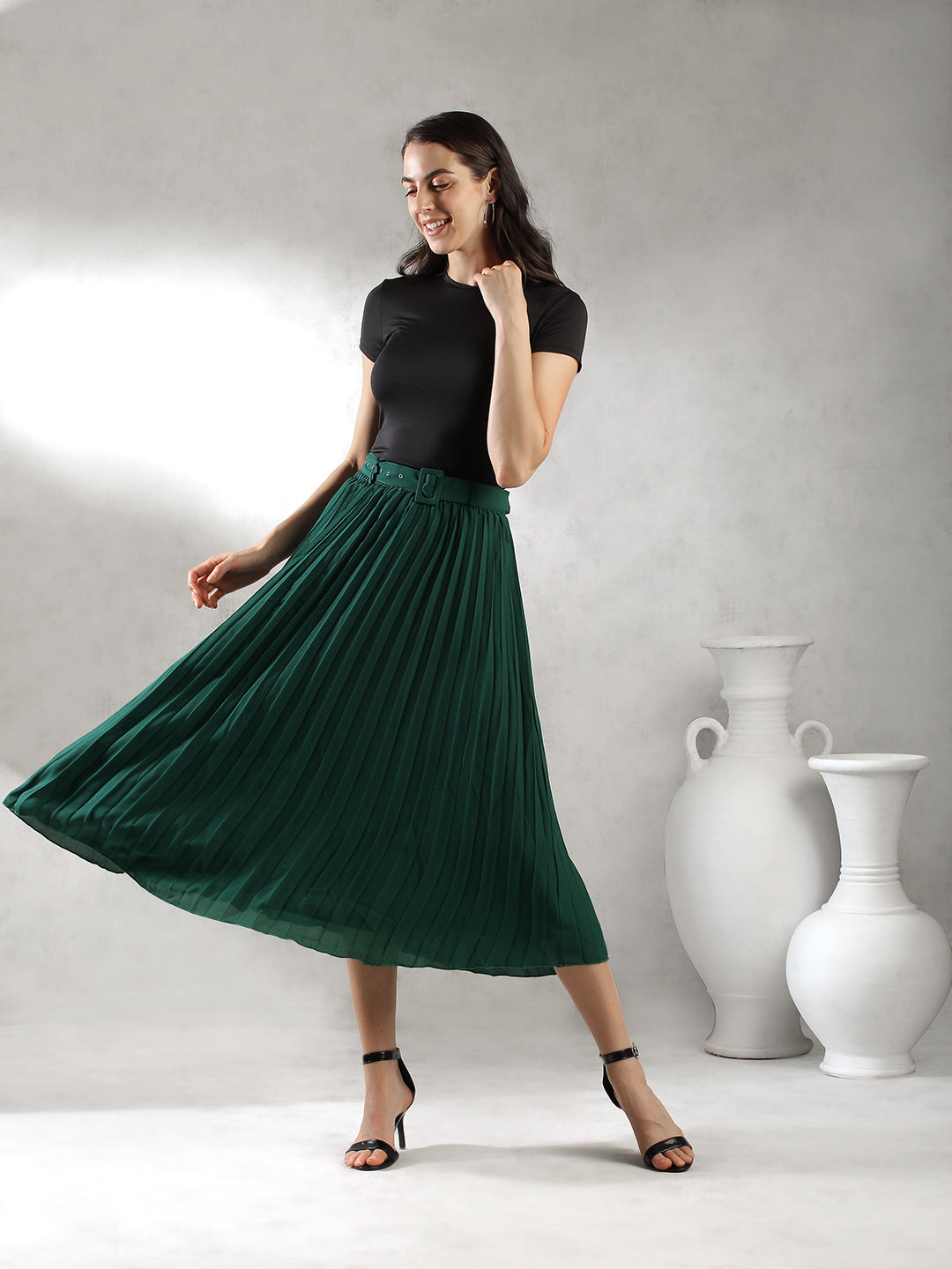 Women Green Pleated A-Line Skirt