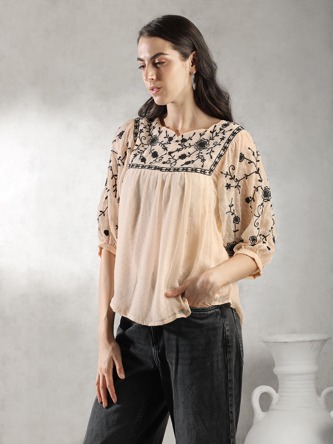 Women Peach Embroidered Top