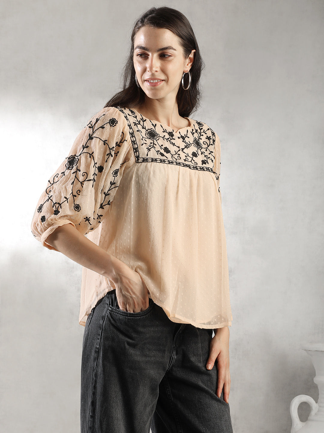 Women Peach Embroidered Top