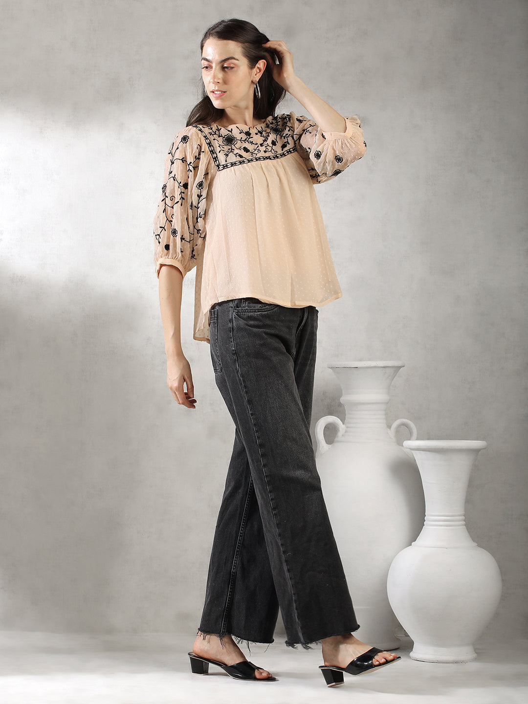 Women Peach Embroidered Top