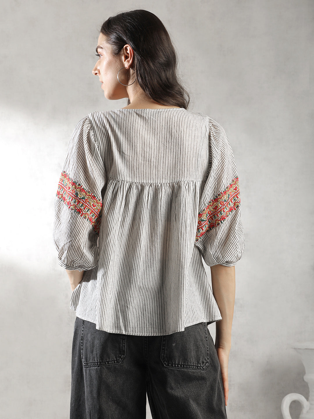 Women Neck Embroidery A-Line Top