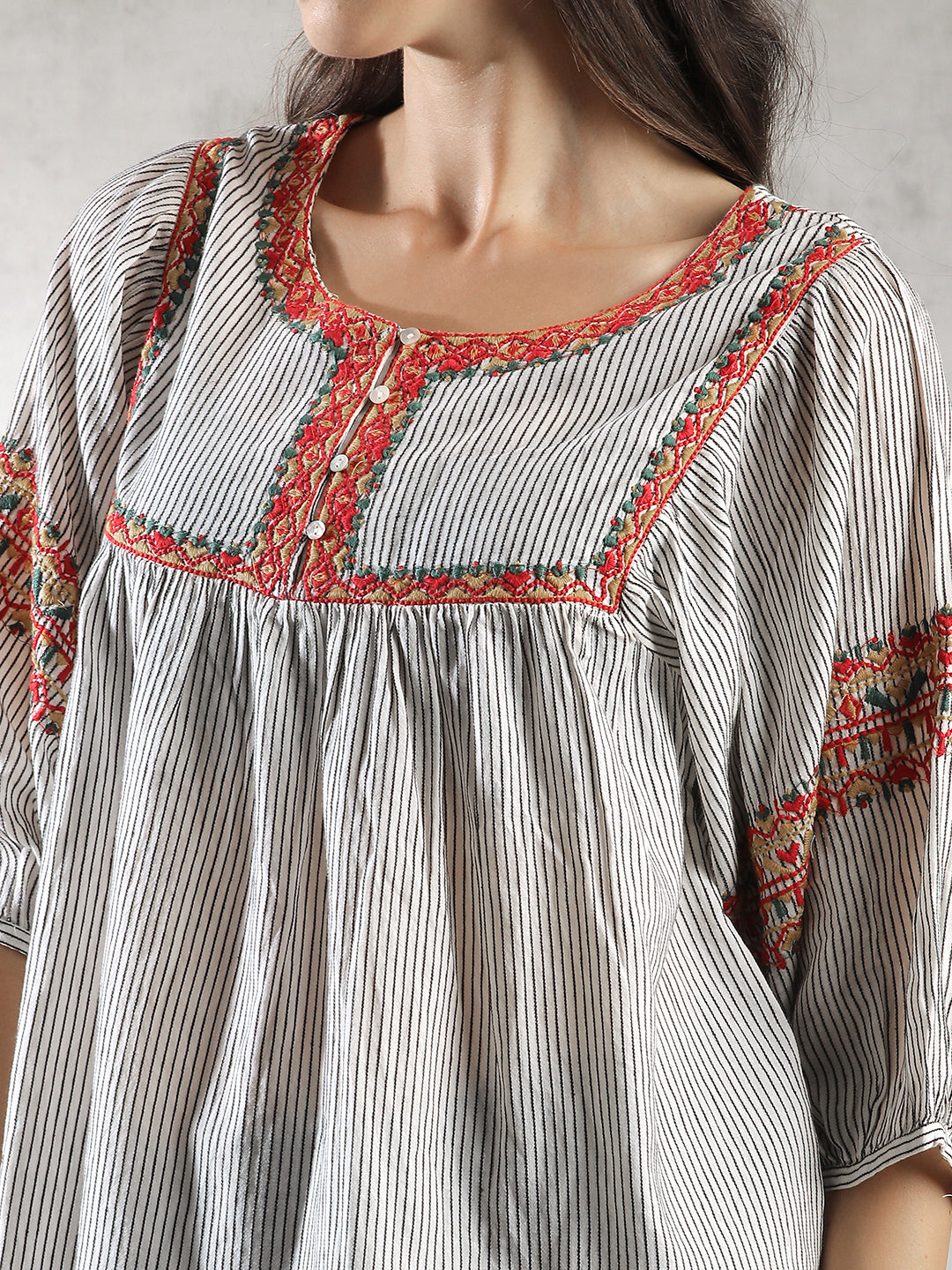 Women Neck Embroidery A-Line Top