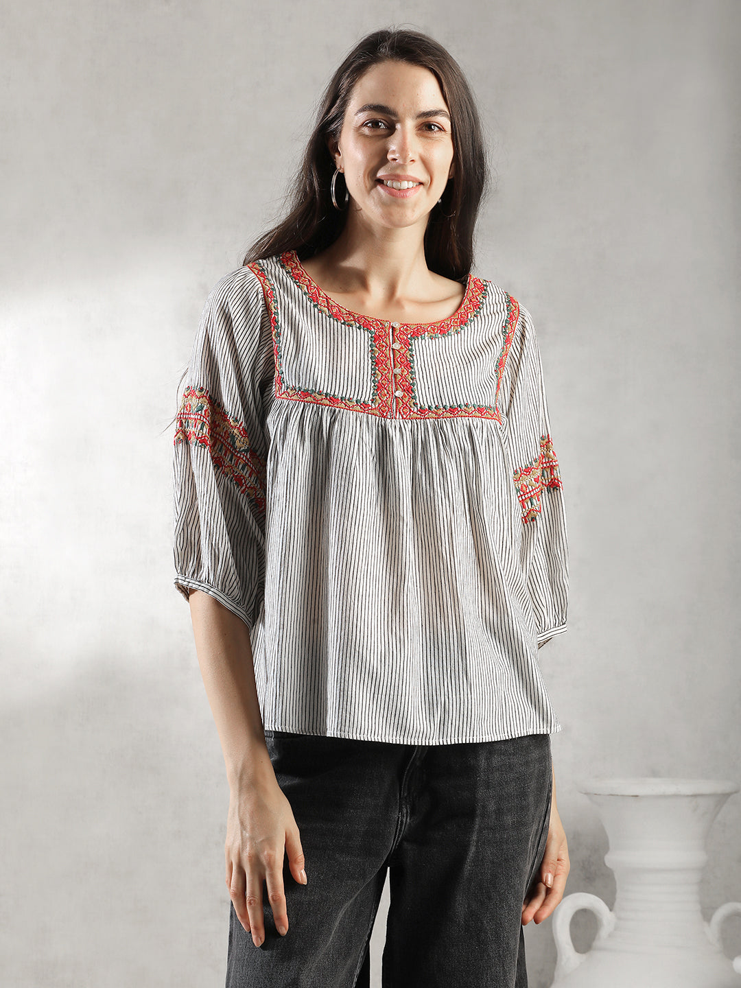 Women Neck Embroidery A-Line Top