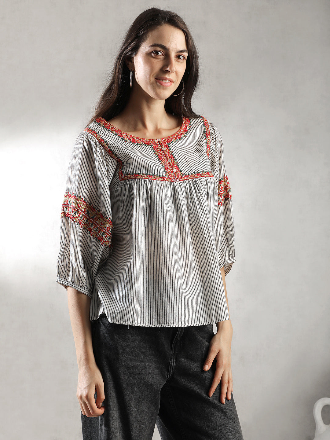 Women Neck Embroidery A-Line Top