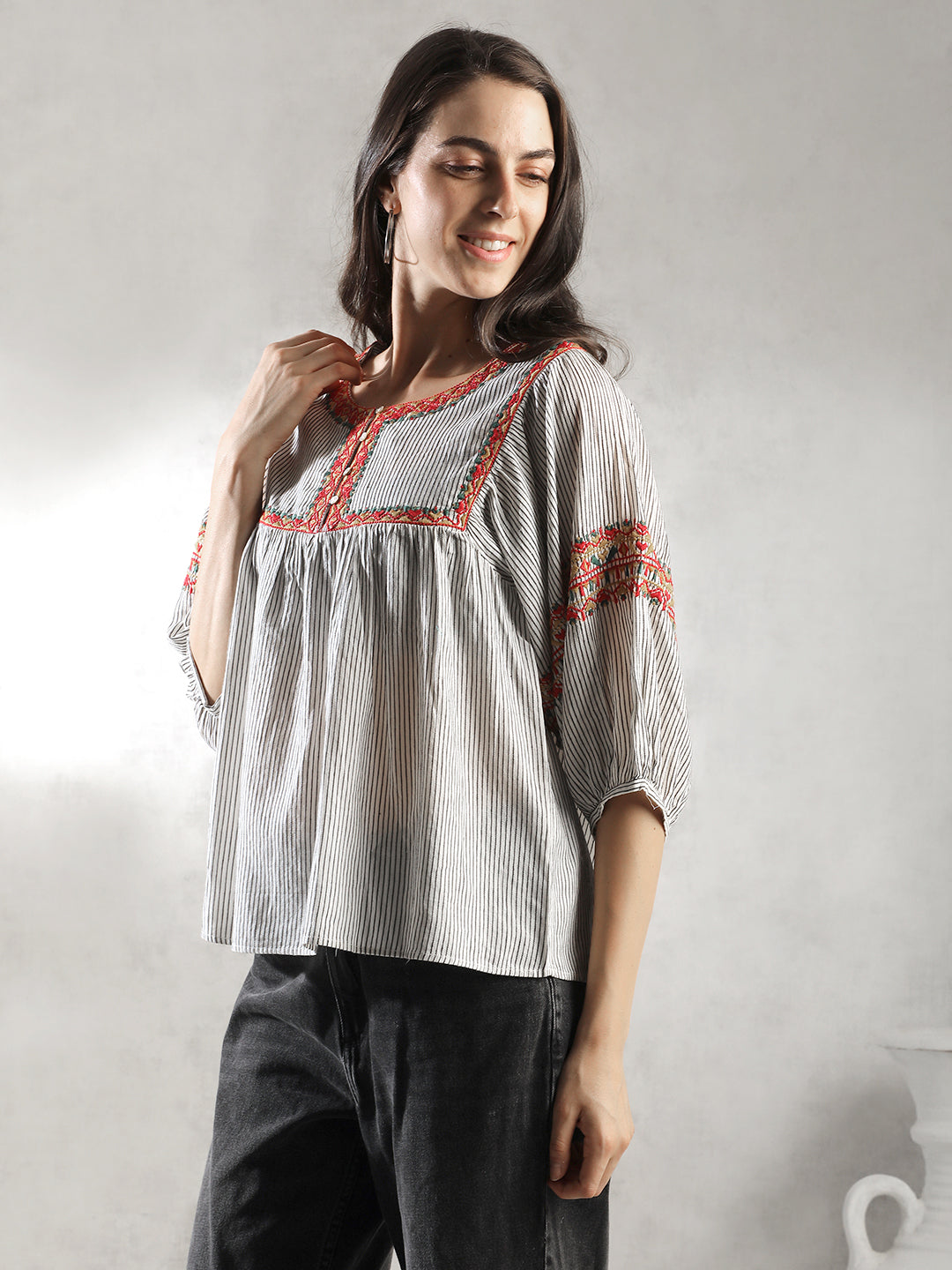 Women Neck Embroidery A-Line Top