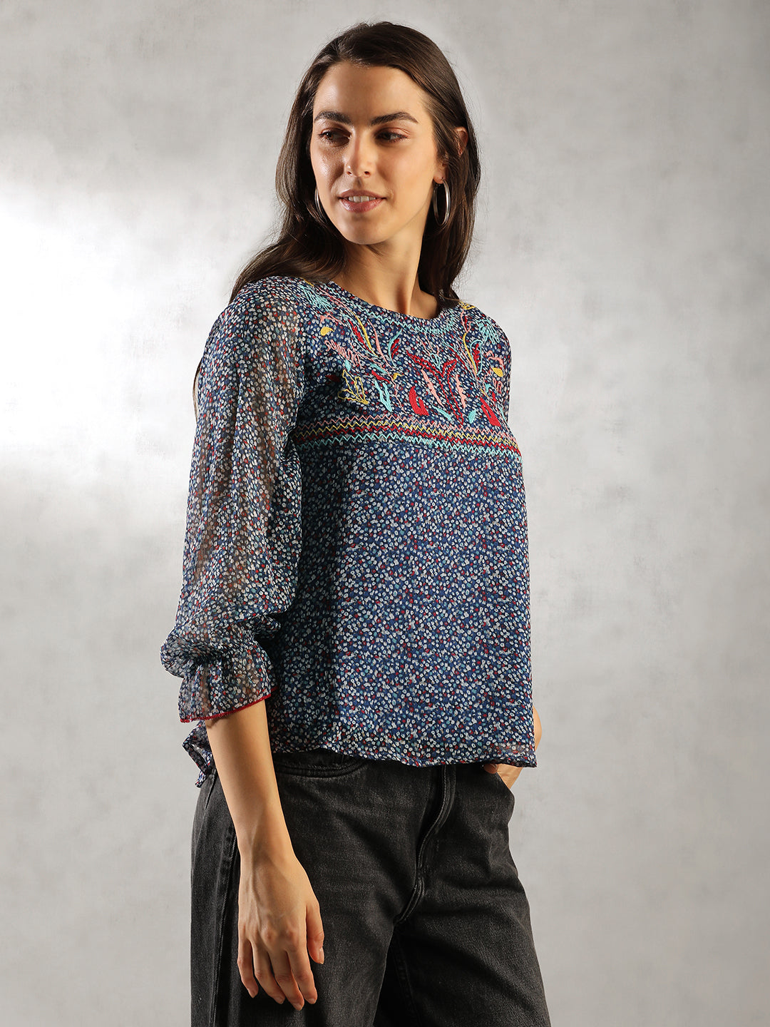 Women Blue Floral Print Top