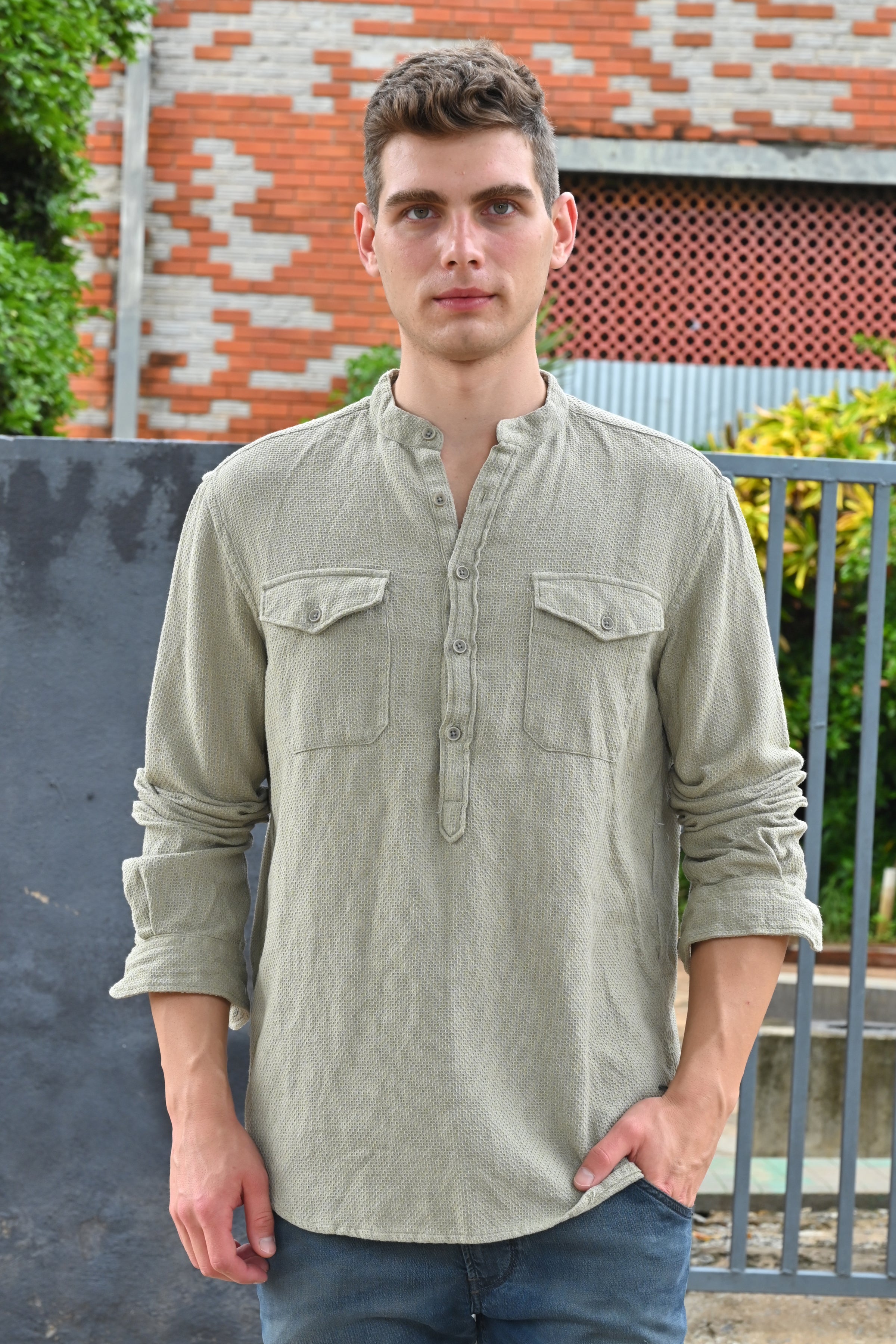 Men Joshua Textured Kurta Pocketed Shirt Pista