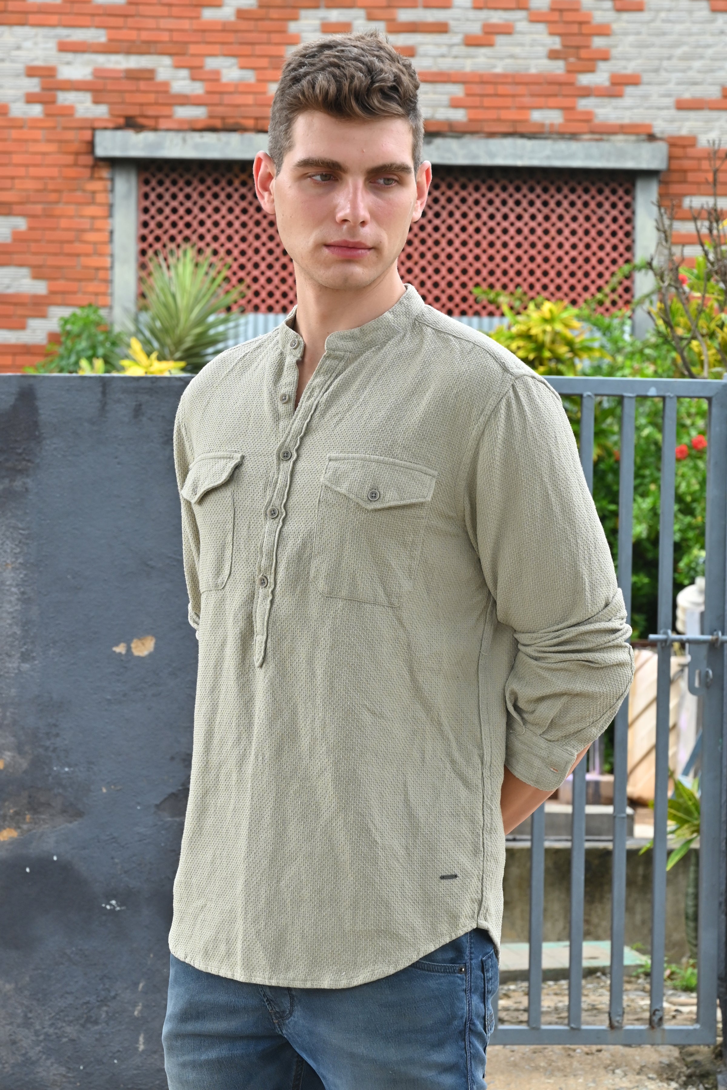 Men Joshua Textured Kurta Pocketed Shirt Pista