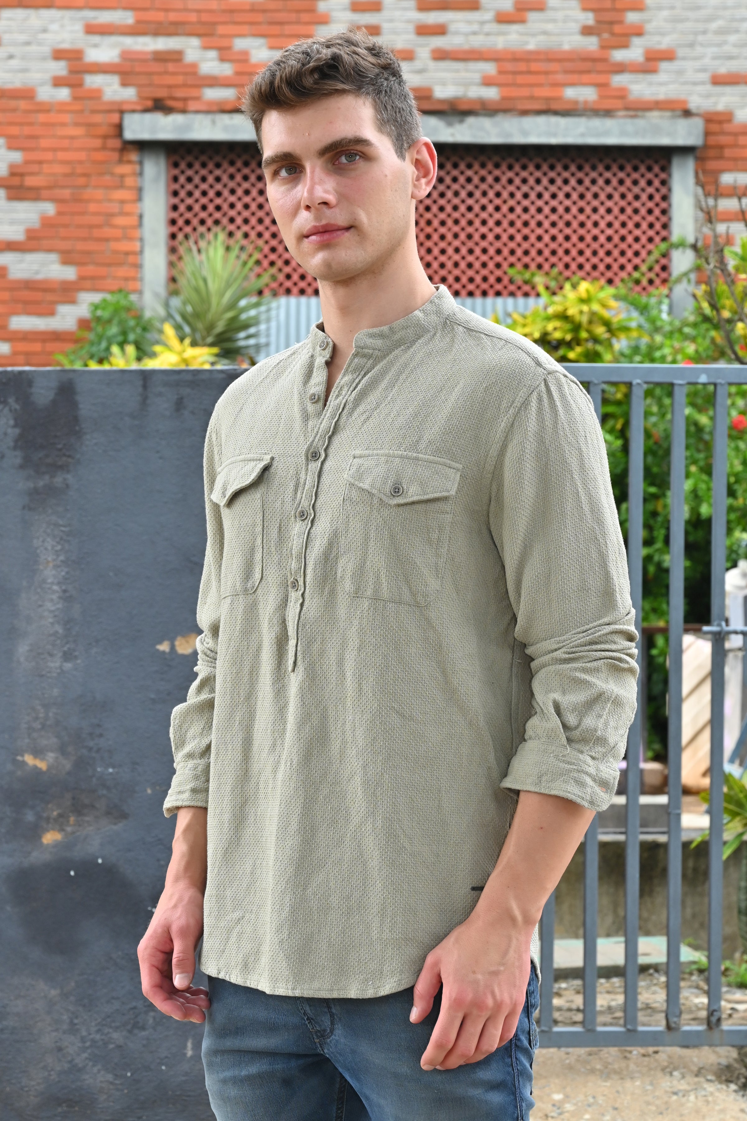 Men Joshua Textured Kurta Pocketed Shirt Pista