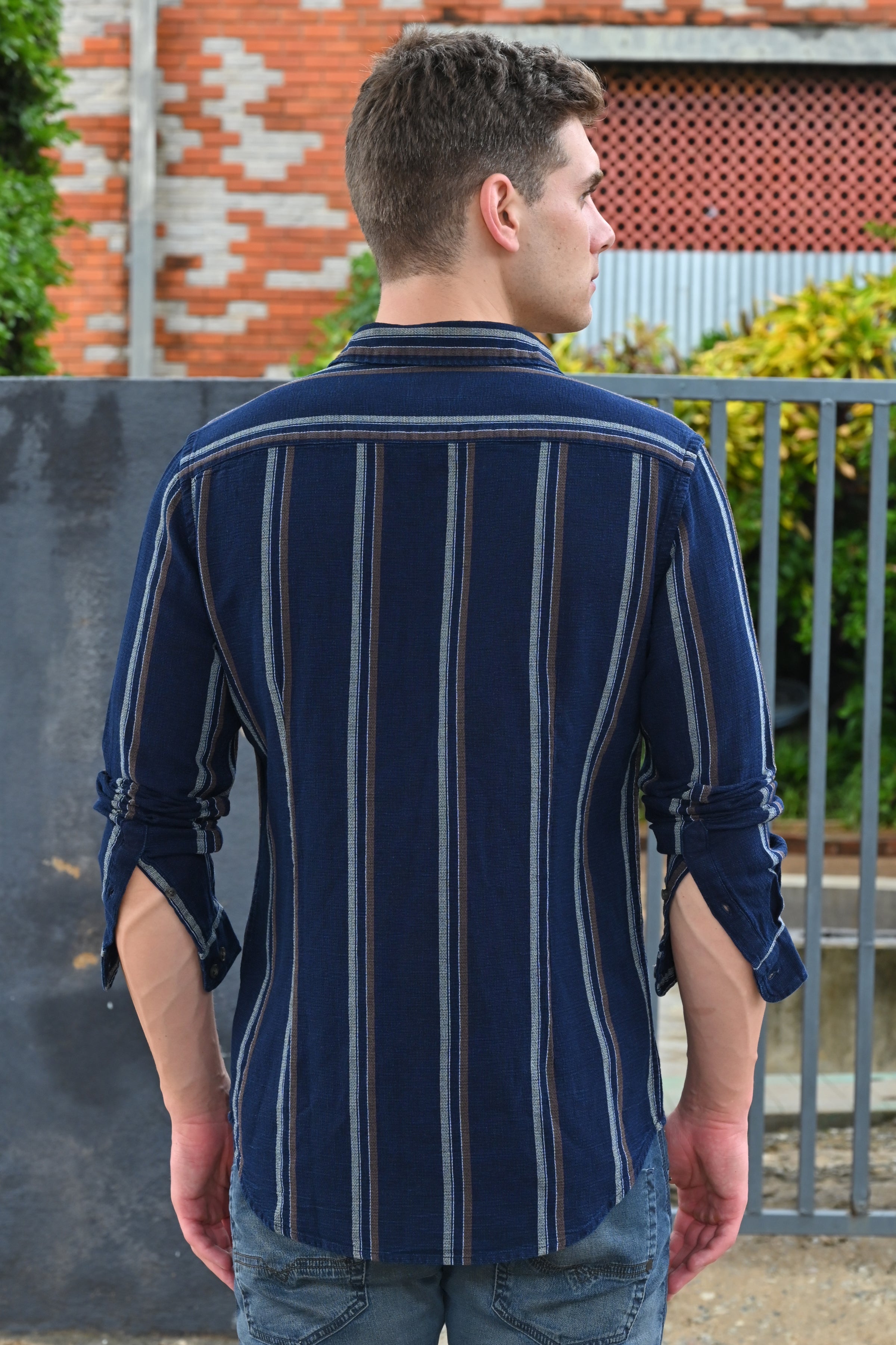 Men Amora Indigo Dobby Striped Shirt Brown