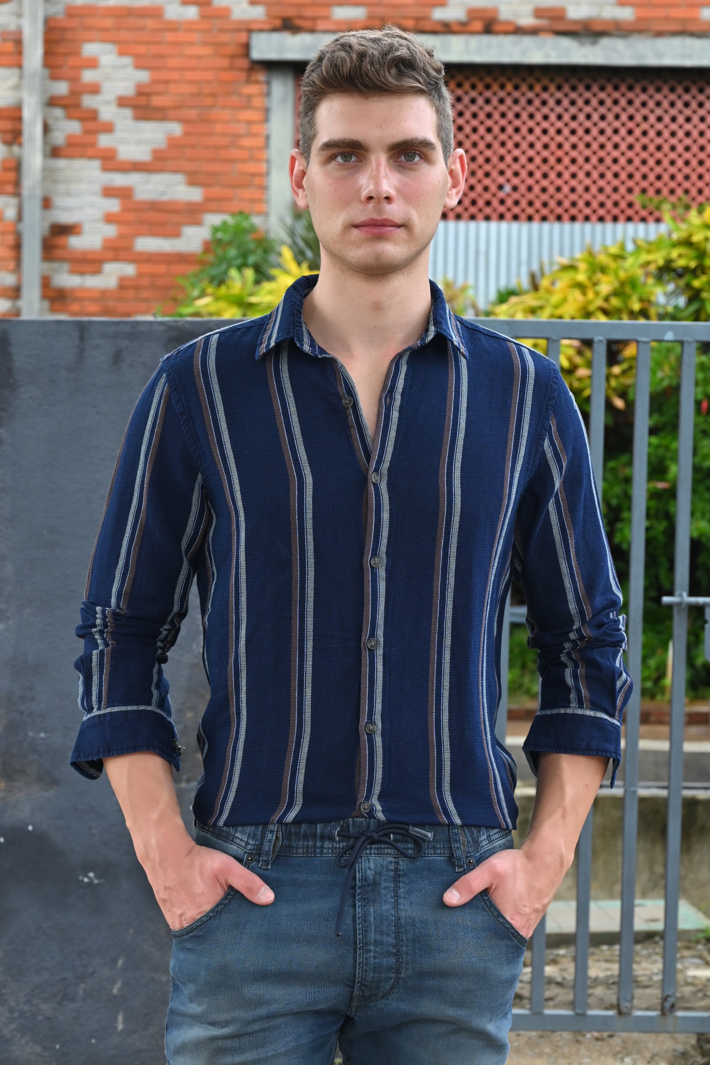 Men Amora Indigo Dobby Striped Shirt Brown
