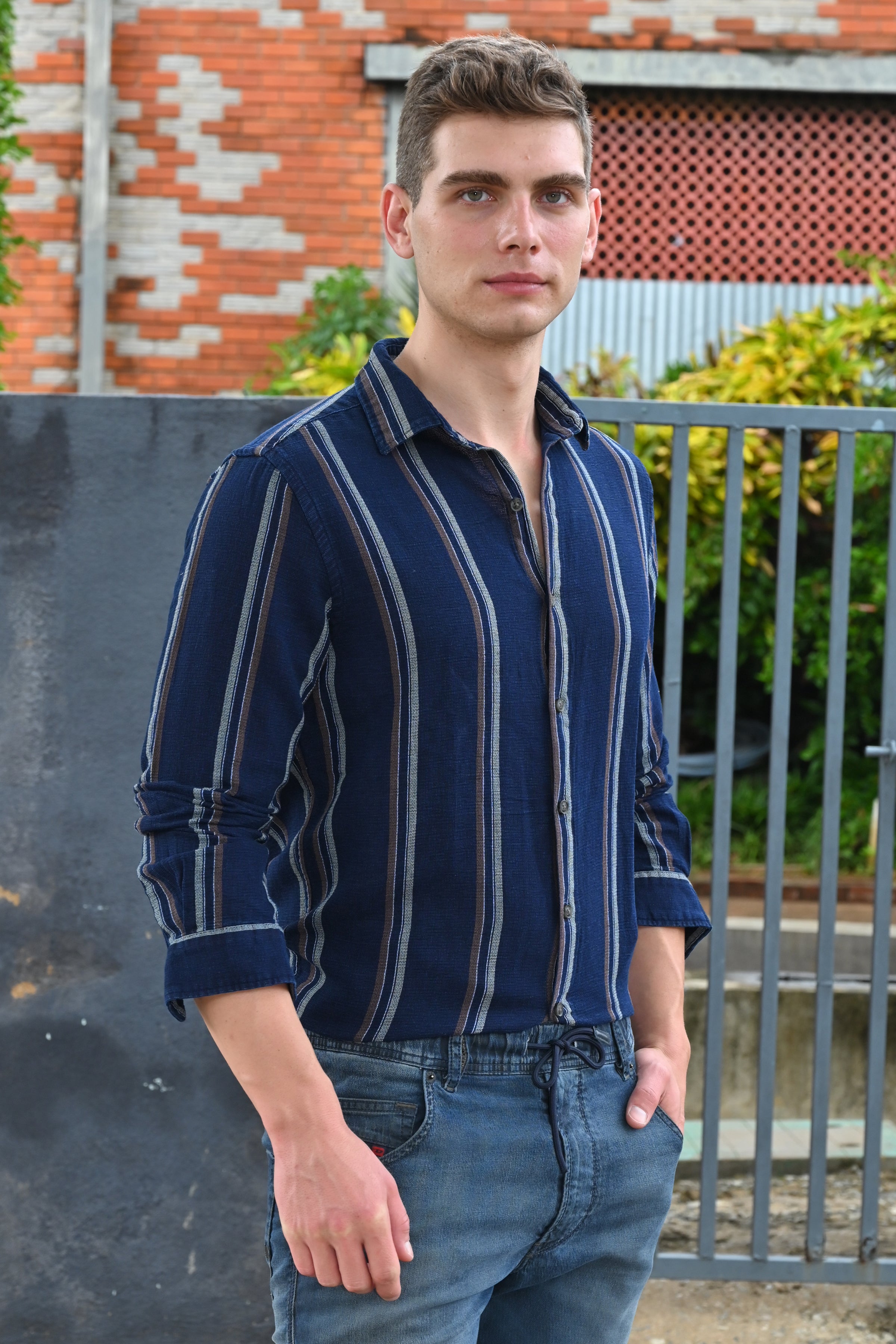 Men Amora Indigo Dobby Striped Shirt Brown