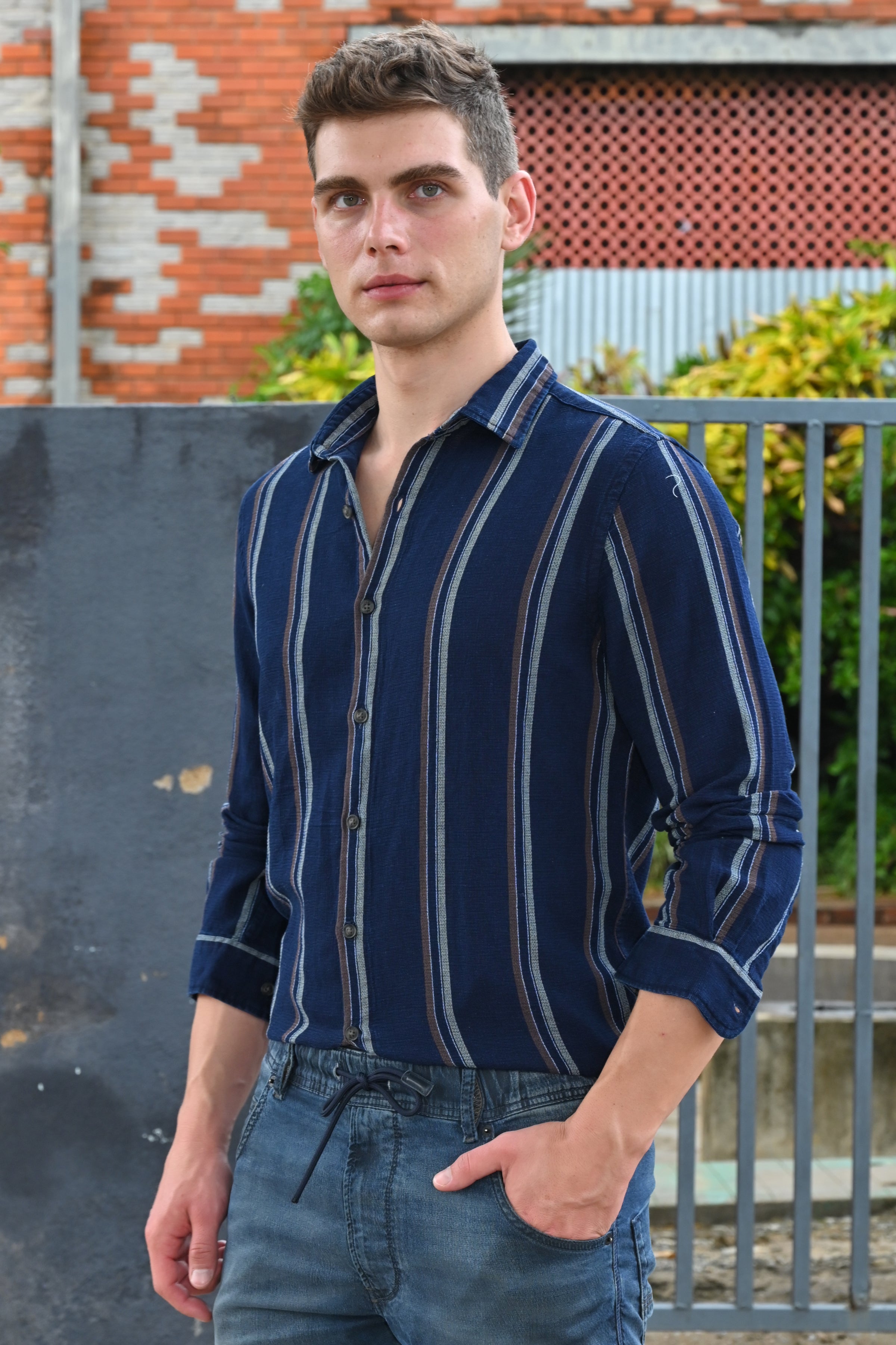 Men Amora Indigo Dobby Striped Shirt Brown