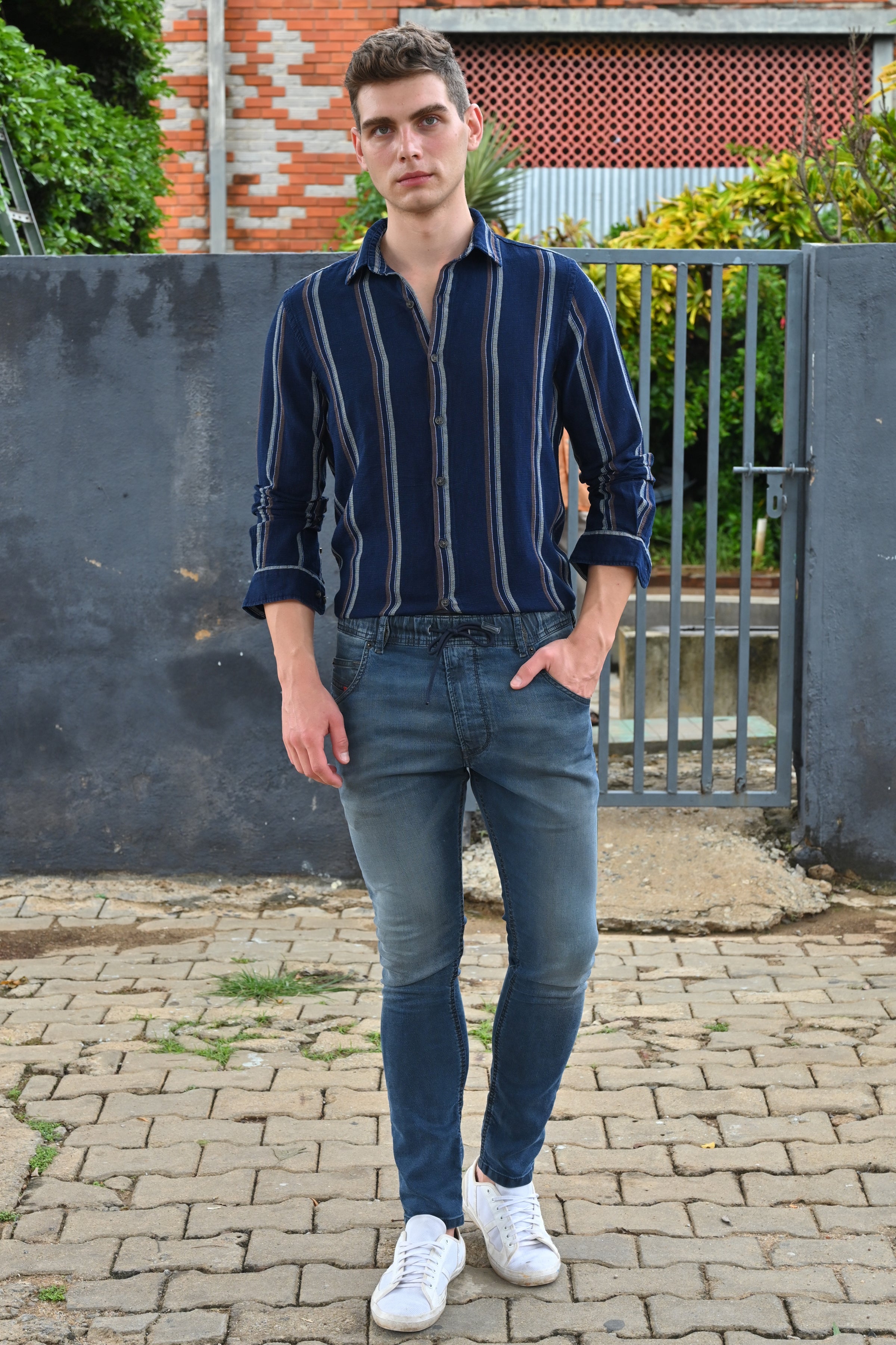 Men Amora Indigo Dobby Striped Shirt Brown