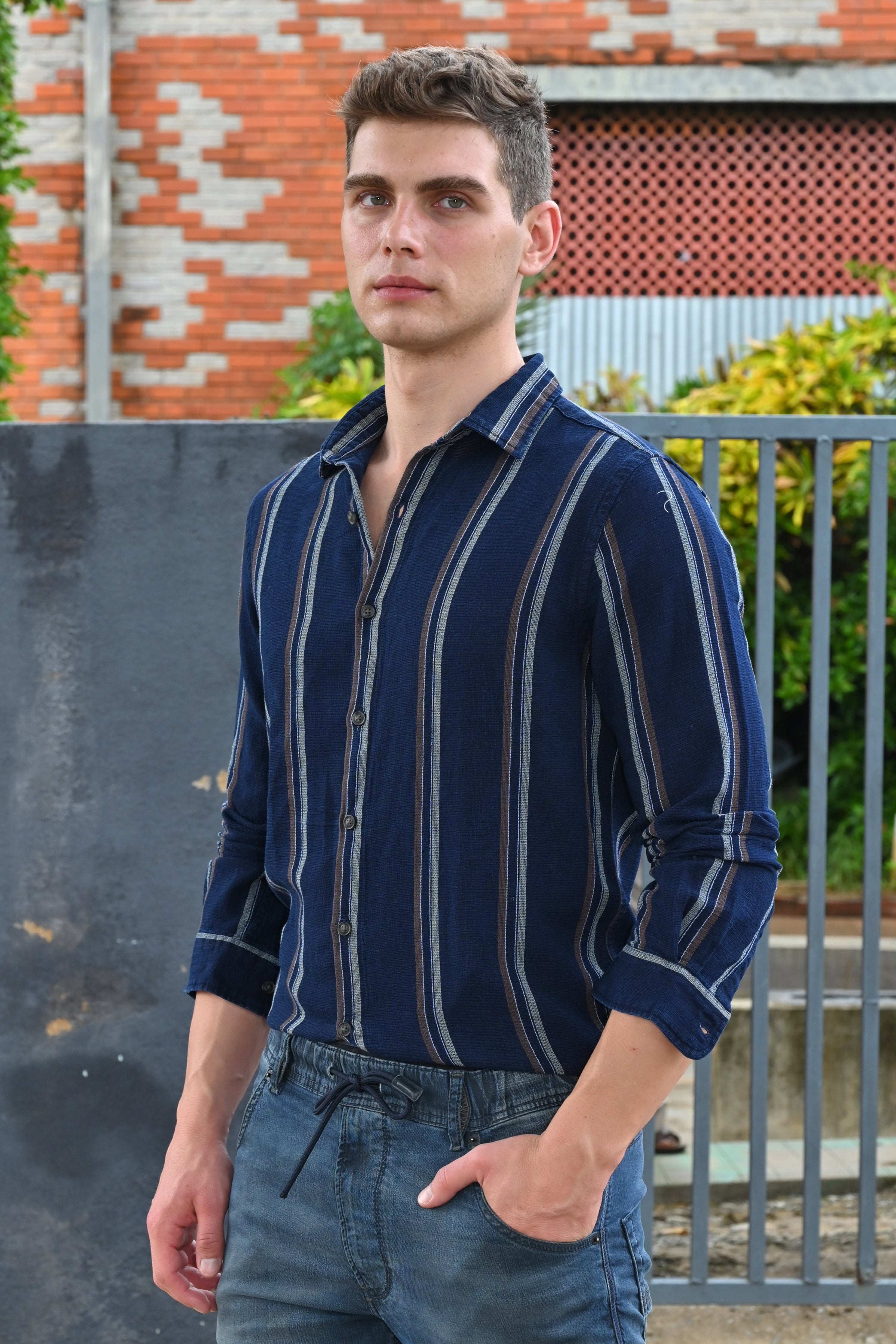 Men Amora Indigo Dobby Striped Shirt Brown