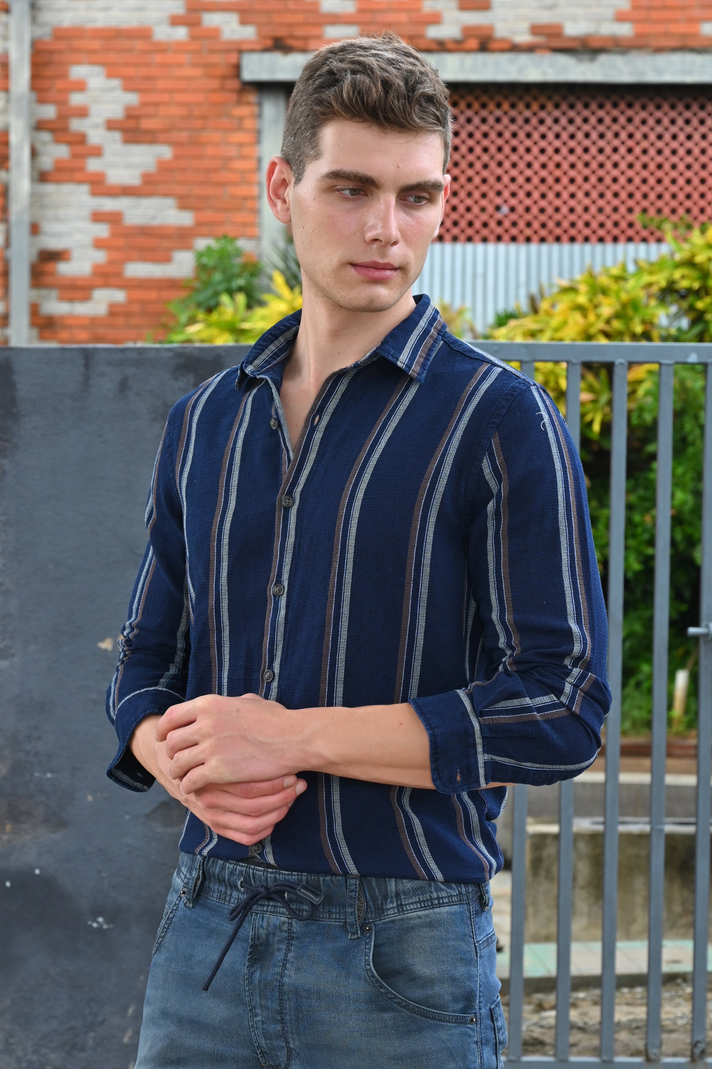 Men Amora Indigo Dobby Striped Shirt Brown