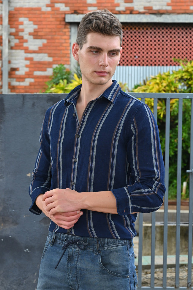 Men Amora Indigo Dobby Striped Shirt Brown
