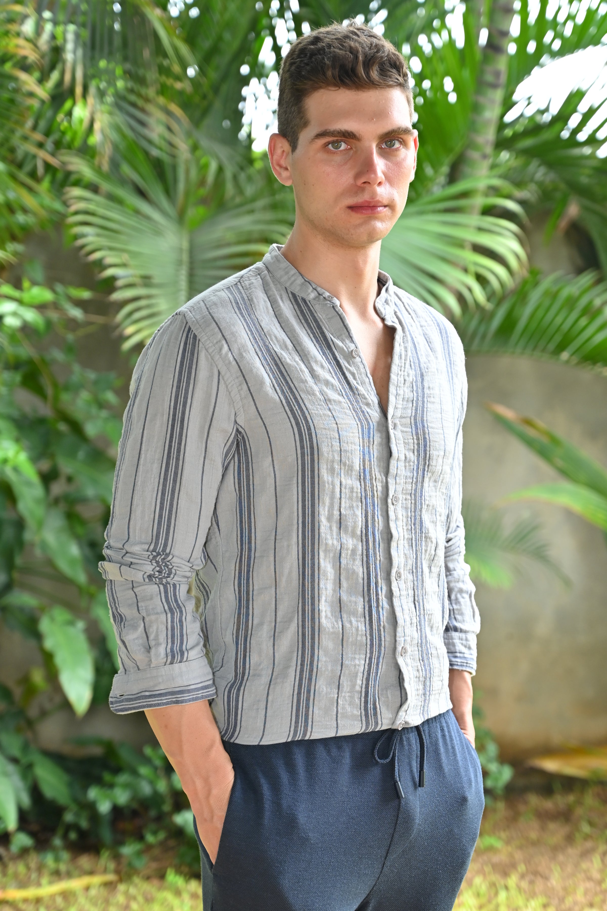 Men Chance Double Layered Striped Shirt Grey