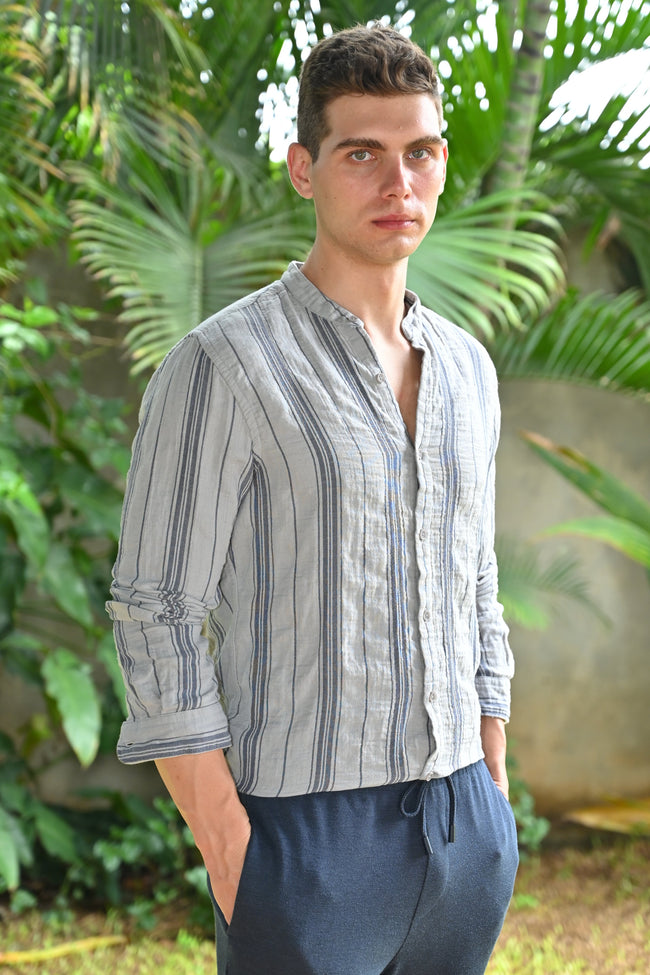 Men Chance Double Layered Striped Shirt Grey