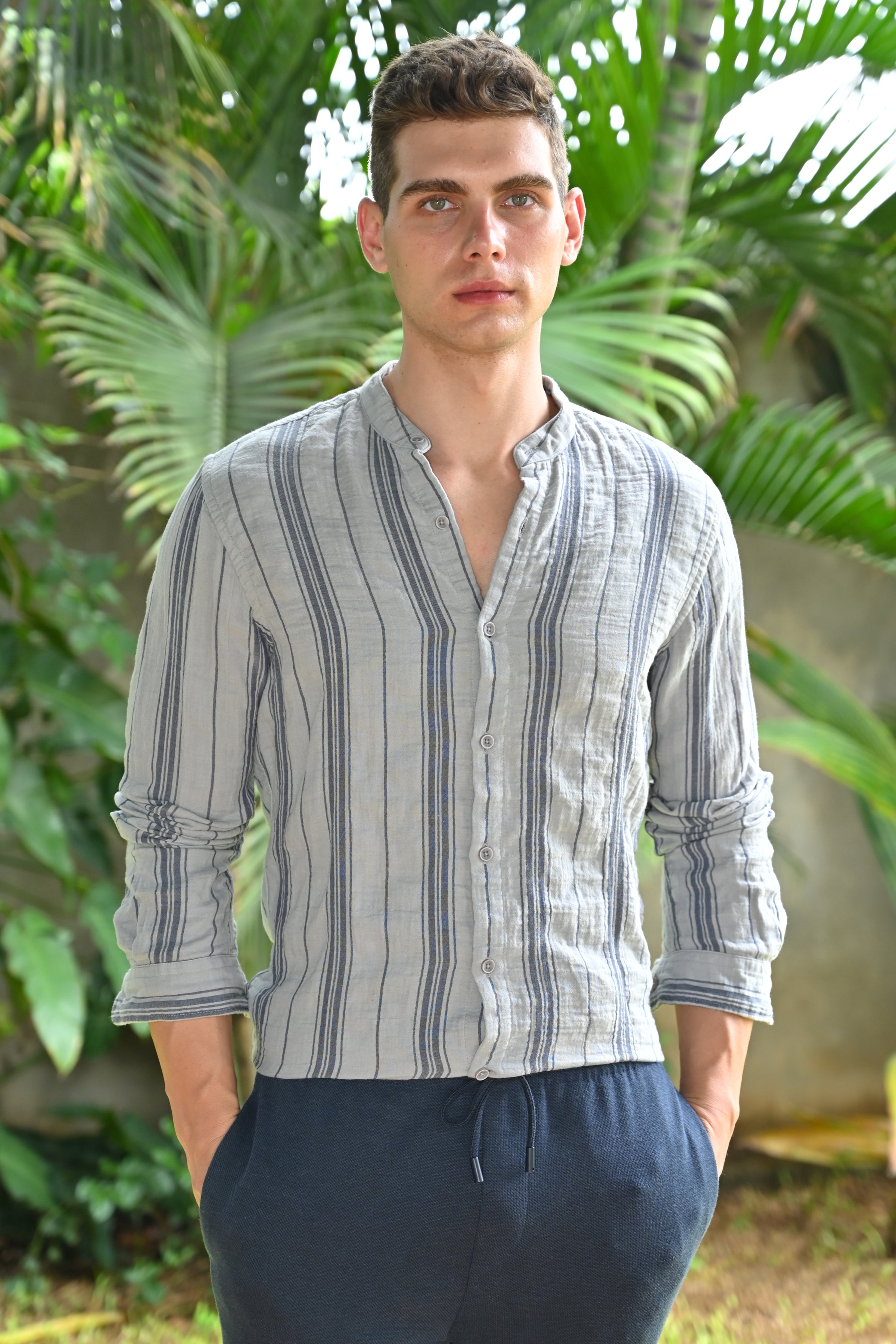 Men Chance Double Layered Striped Shirt Grey