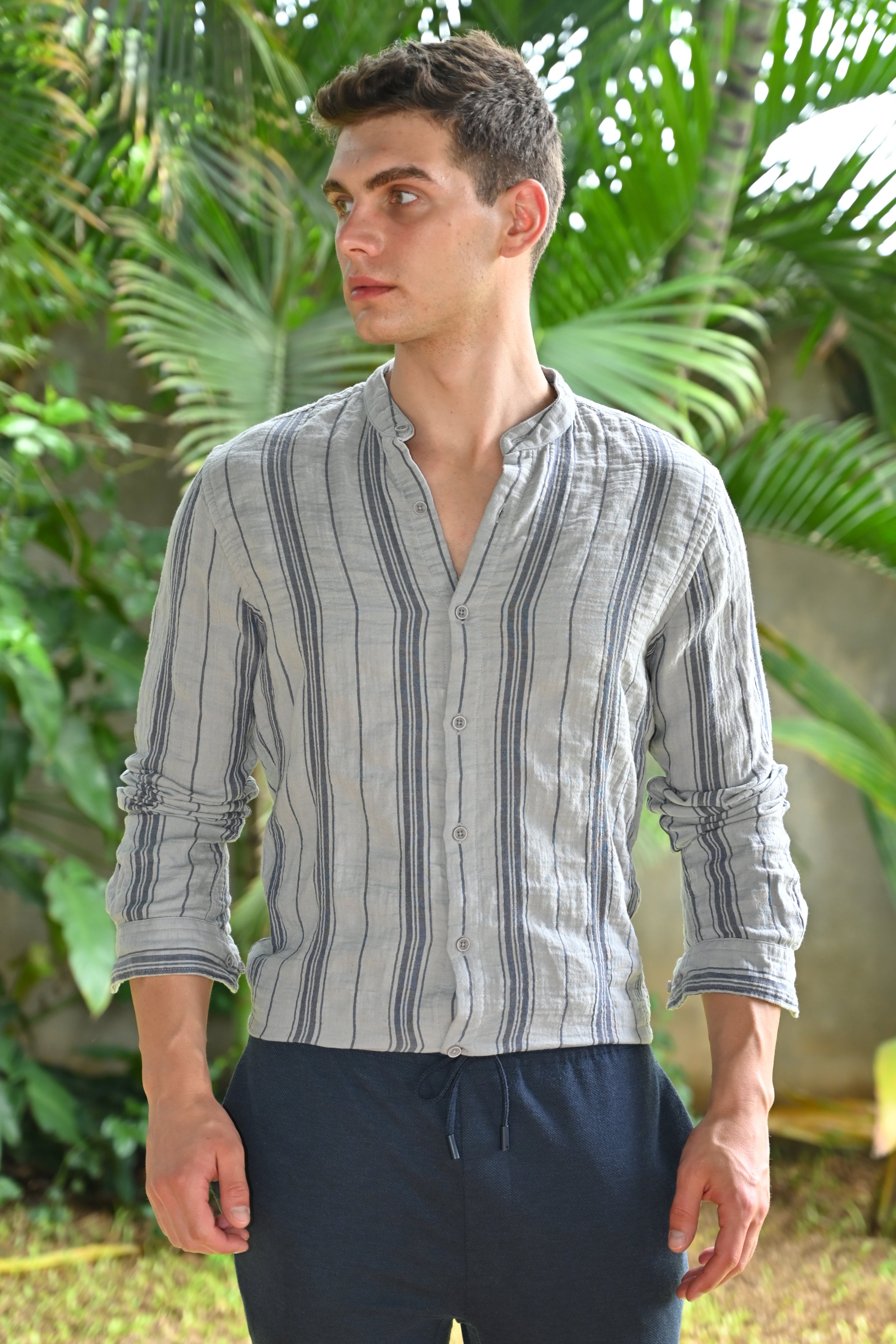 Men Chance Double Layered Striped Shirt Grey