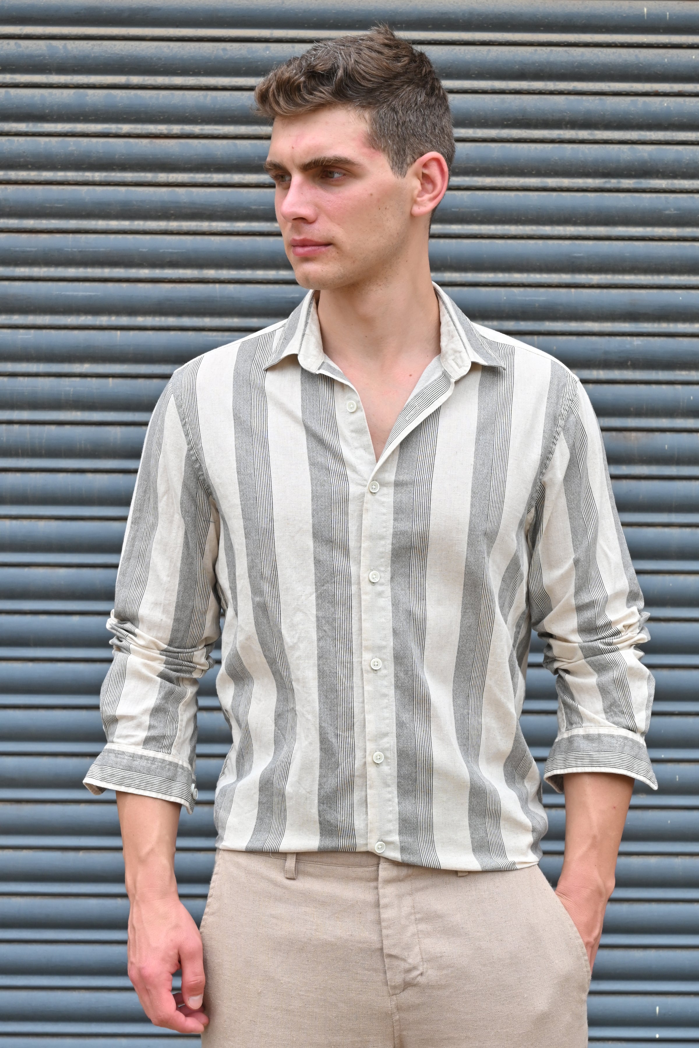Men Tommy Linen Striped Shirt Black