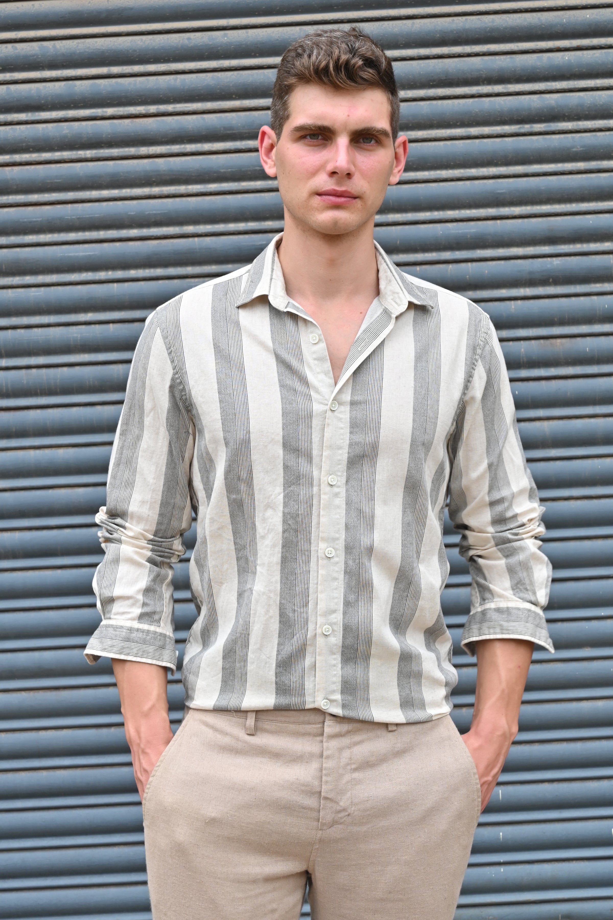 Men Tommy Linen Striped Shirt Black