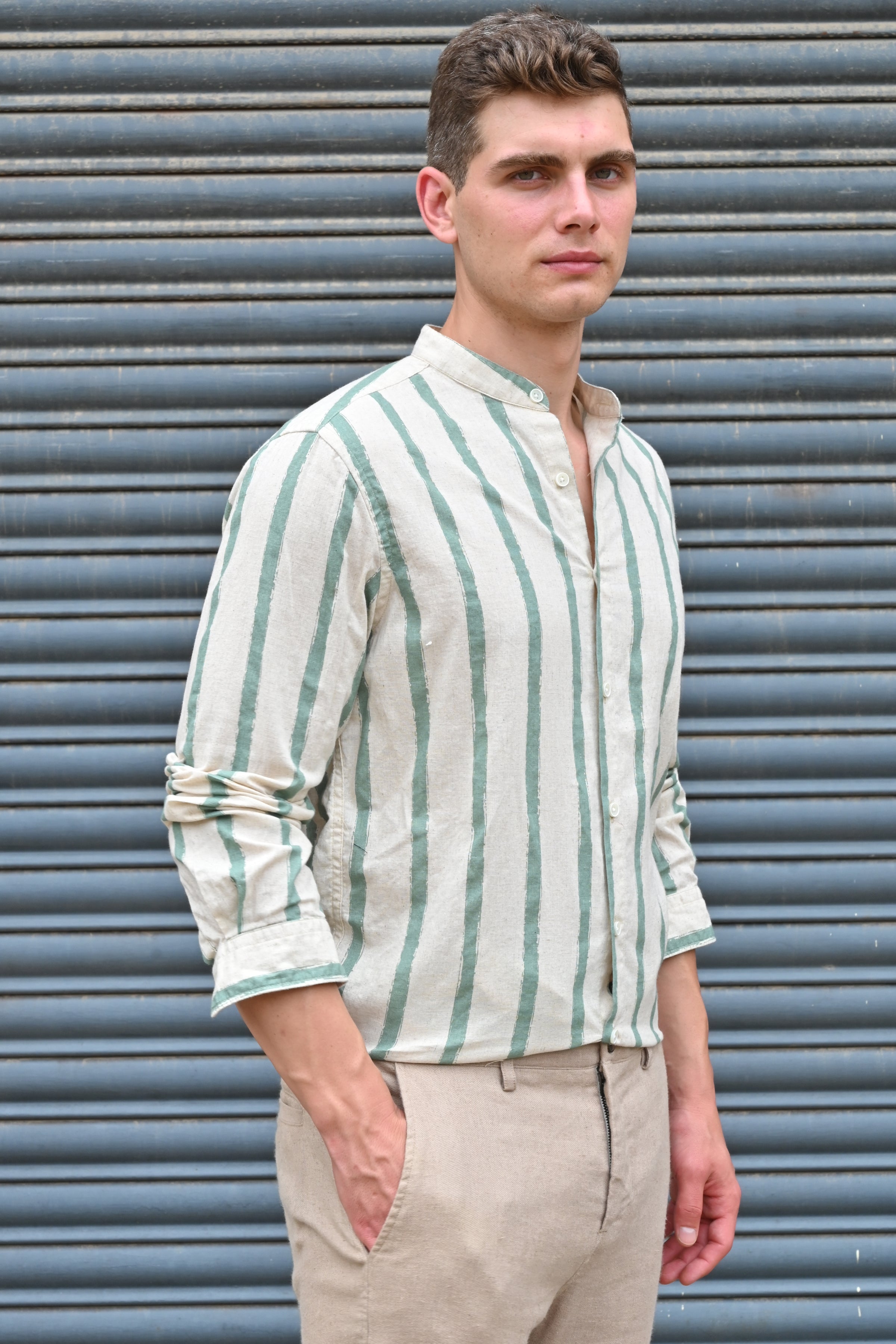 Men Billie Mao Collar Shirt Green