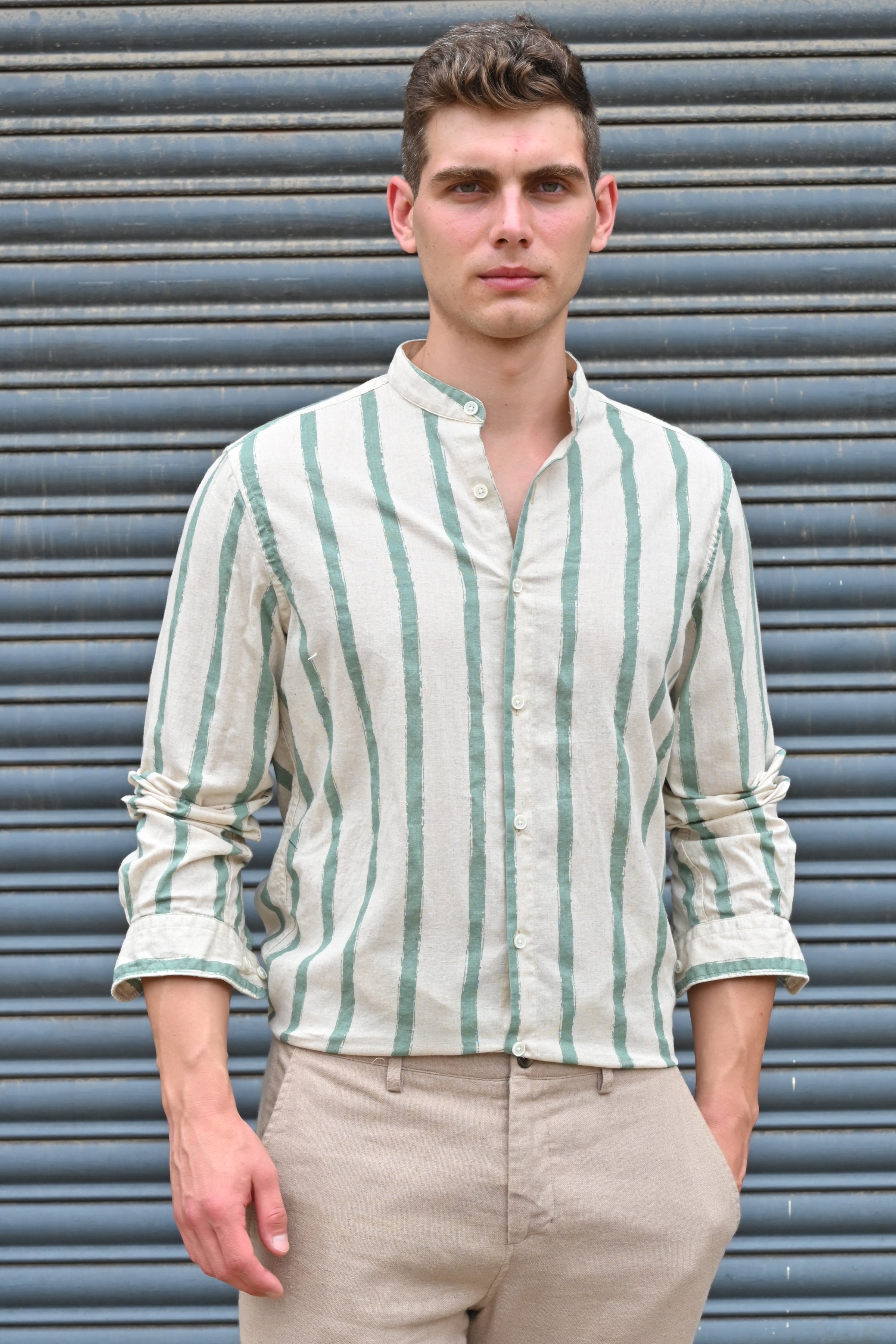 Men Billie Mao Collar Shirt Green